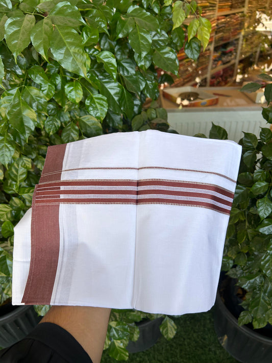 20% Discount ! Kaitharikada Balaramapuram 100% Cotton Pure White Double Mundu/Dothi - 100x80 - 1.5 inch Silver Kasav & Walnut Brown Striped Kara 3.90 m (8 muzham) - 75 KK5364 MC