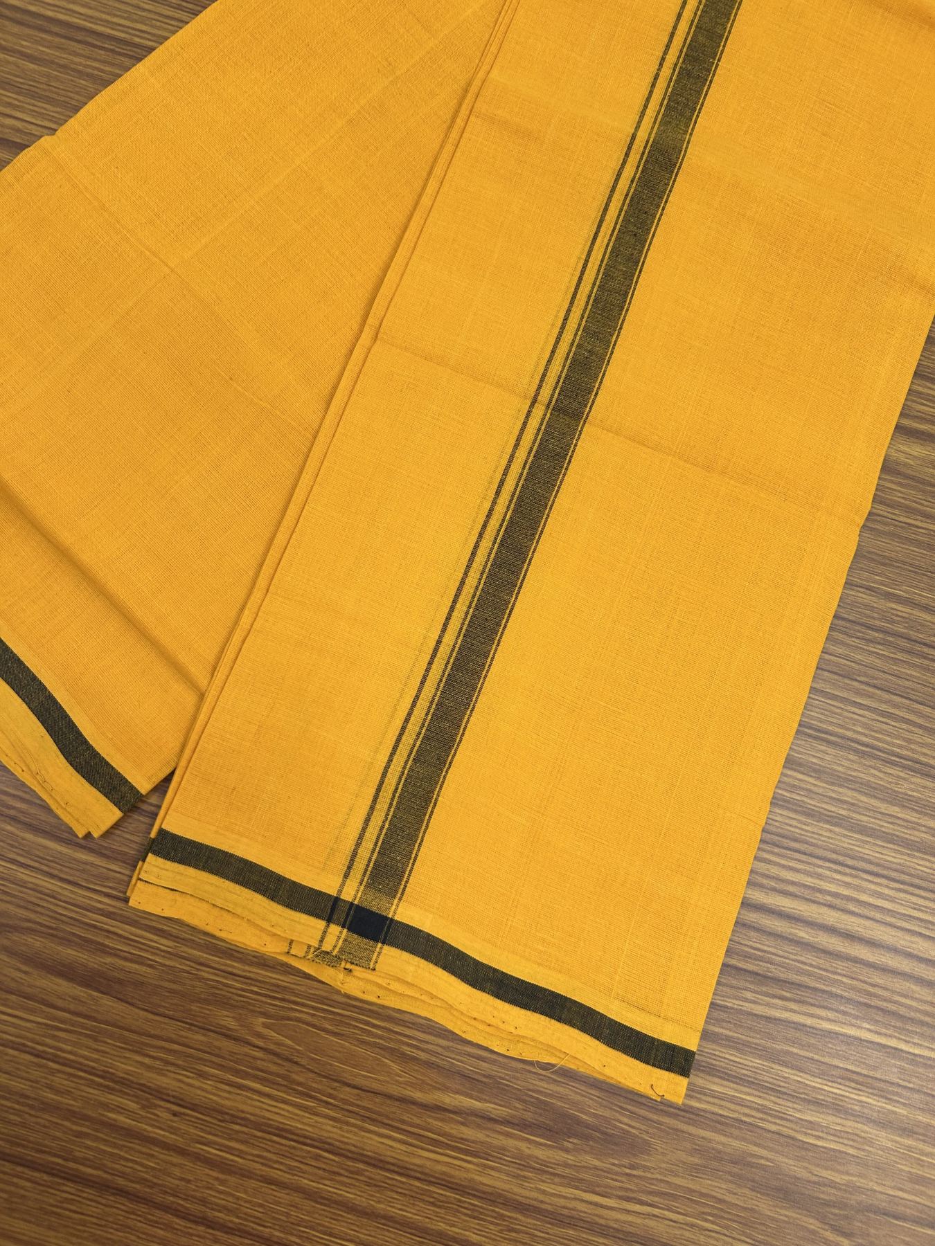 Handloom Single Hallmarked - 10% Discount !! KaithariKada 100% Pure Cotton - Mundu/Dhoti 2 cm Black Kara with Light Orange colour Body - (2 meter / 4 muzham) - 34 KK8044 ELA