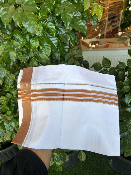 20% Discount ! Kaitharikada Balaramapuram 100% Cotton Pure White Double Mundu/Dothi - 100x80 - 1.5 inch Silver Kasav & Brown Striped Kara 3.90 m (8 muzham) - 74 KK5364 MC