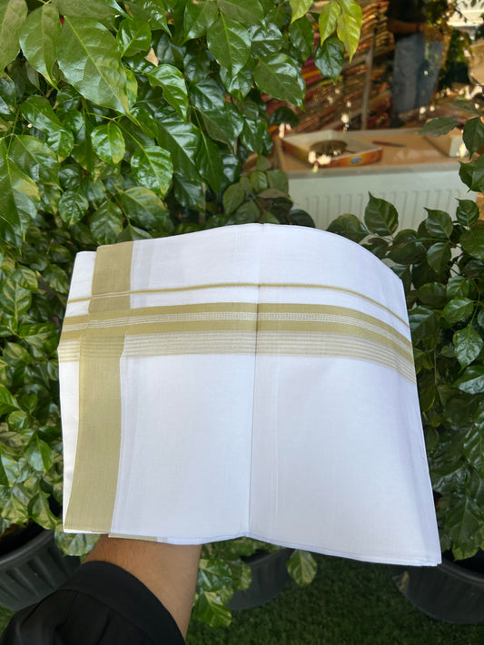 20% Discount ! Kaitharikada Balaramapuram 100% Cotton Pure White Double Mundu/Dothi - 100x80 - 2 inch Pista Green Shaded Stripes Kara 3.90 m (8 muzham) - 26 KK5364 MC