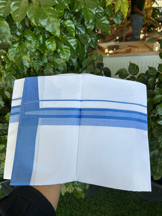 20% Discount ! Kaitharikada Balaramapuram 100% Cotton Pure White Double Mundu/Dothi - 100x80 - 2 inch Light Blue Shaded Stripes Kara 3.90 m (8 muzham) - 36 KK5364 MC