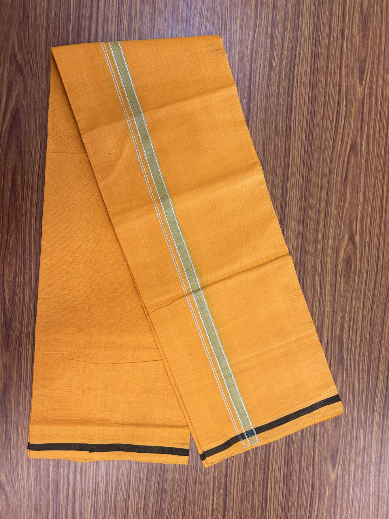 Handloom Single Hallmarked - 10% Discount !! KaithariKada 100% Pure Cotton - Mundu/Dhoti 1.5 cm Light Green Kara with Light Orange colour Body - (2 meter / 4 muzham) - 35 KK8044 ELA