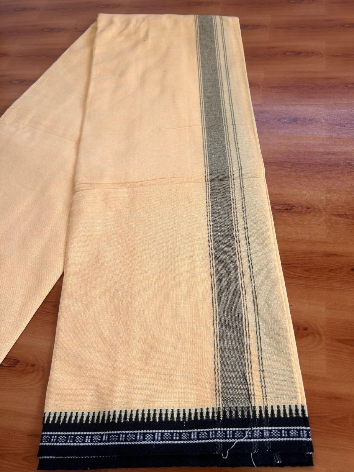 Single Kaily / Lungi -Mixed Cotton - Kaitharikada - 2/40s twisted - 1.25 inch Black Stripes Kara  Kuppadam Border With Yellow Colour Body (2 meter / 4 muzham) - 30 KK8088 SAT