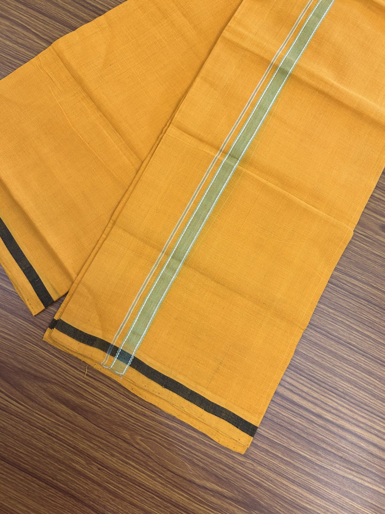 Handloom Single Hallmarked - 10% Discount !! KaithariKada 100% Pure Cotton - Mundu/Dhoti 1.5 cm Light Green Kara with Light Orange colour Body - (2 meter / 4 muzham) - 35 KK8044 ELA