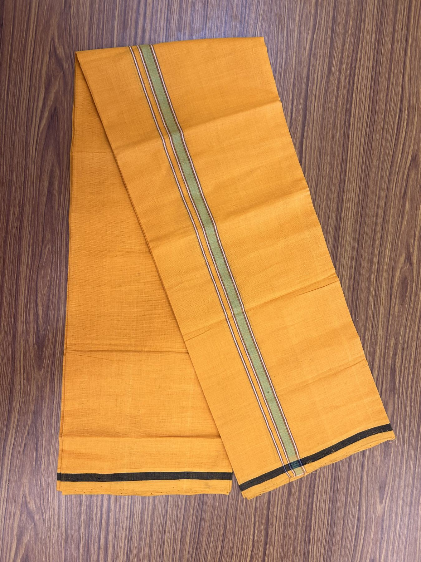 Handloom Single Hallmarked - 10% Discount !! KaithariKada 100% Pure Cotton - Mundu/Dhoti 2 cm Brown Green Kara with Light Orange colour Body - (2 meter / 4 muzham) - 36 KK8044 ELA