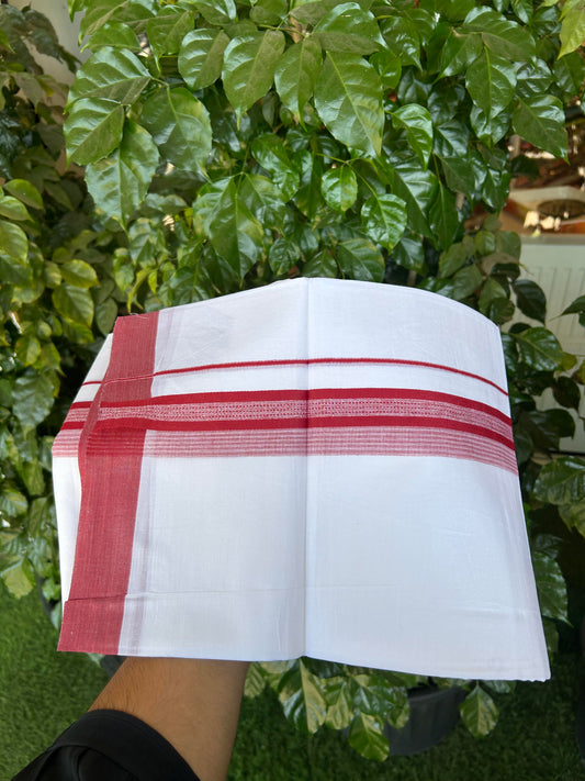 20% Discount ! Kaitharikada Balaramapuram 100% Cotton Pure White Double Mundu/Dothi - 100x80 - 2 inch Red Shaded Stripes Kara 3.90 m (8 muzham) - 31 KK5364 MC