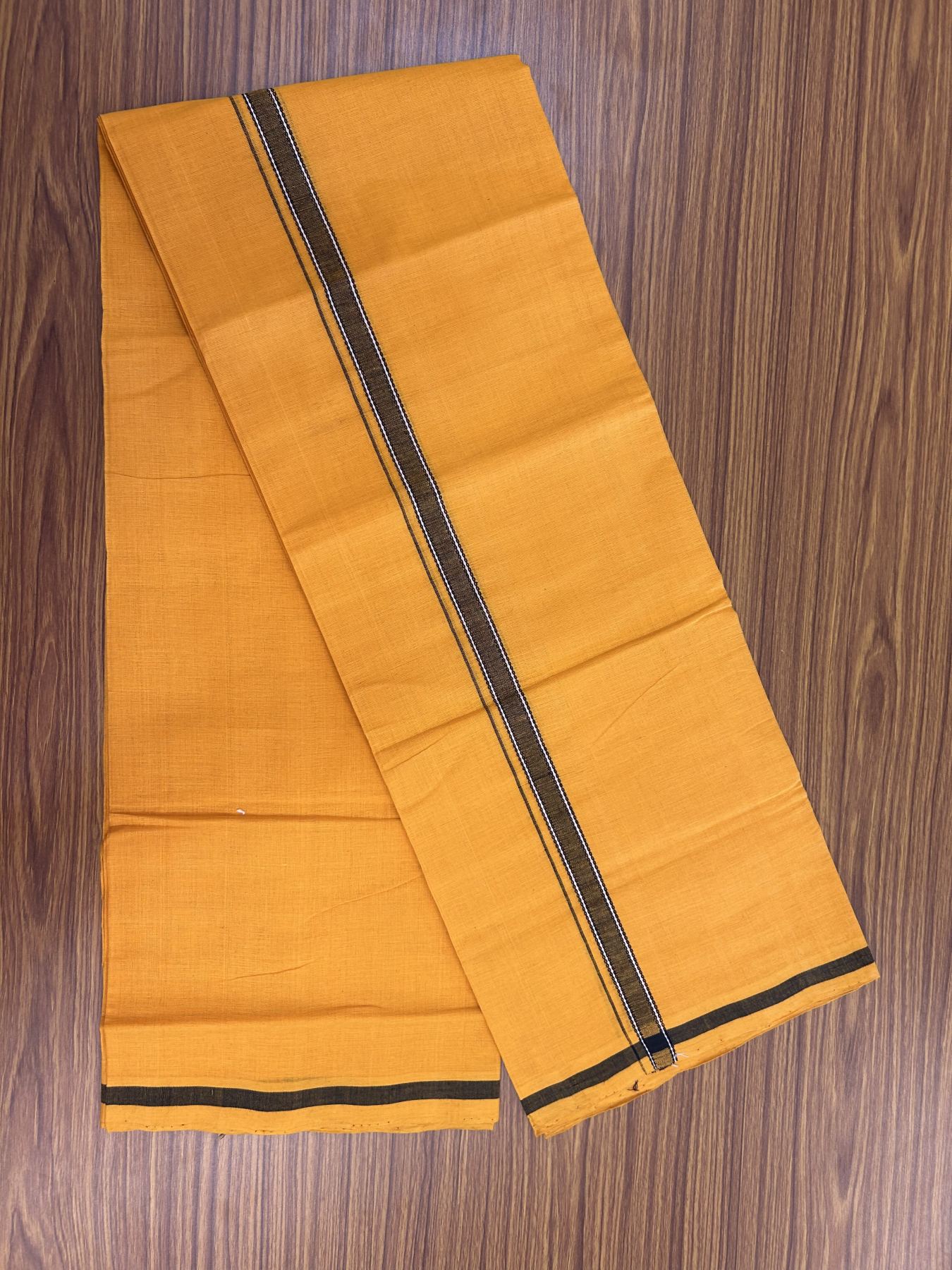 Handloom Single Hallmarked - 10% Discount !! KaithariKada 100% Pure Cotton - Mundu/Dhoti 2 cm Black Kara with Light Orange colour Body - (2 meter / 4 muzham) - 37 KK8044 ELA