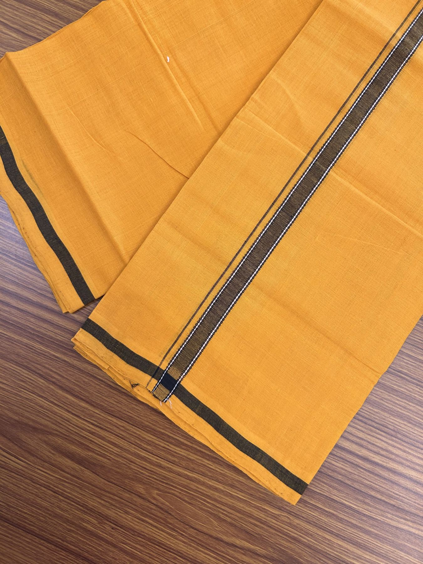 Handloom Single Hallmarked - 10% Discount !! KaithariKada 100% Pure Cotton - Mundu/Dhoti 2 cm Black Kara with Light Orange colour Body - (2 meter / 4 muzham) - 37 KK8044 ELA