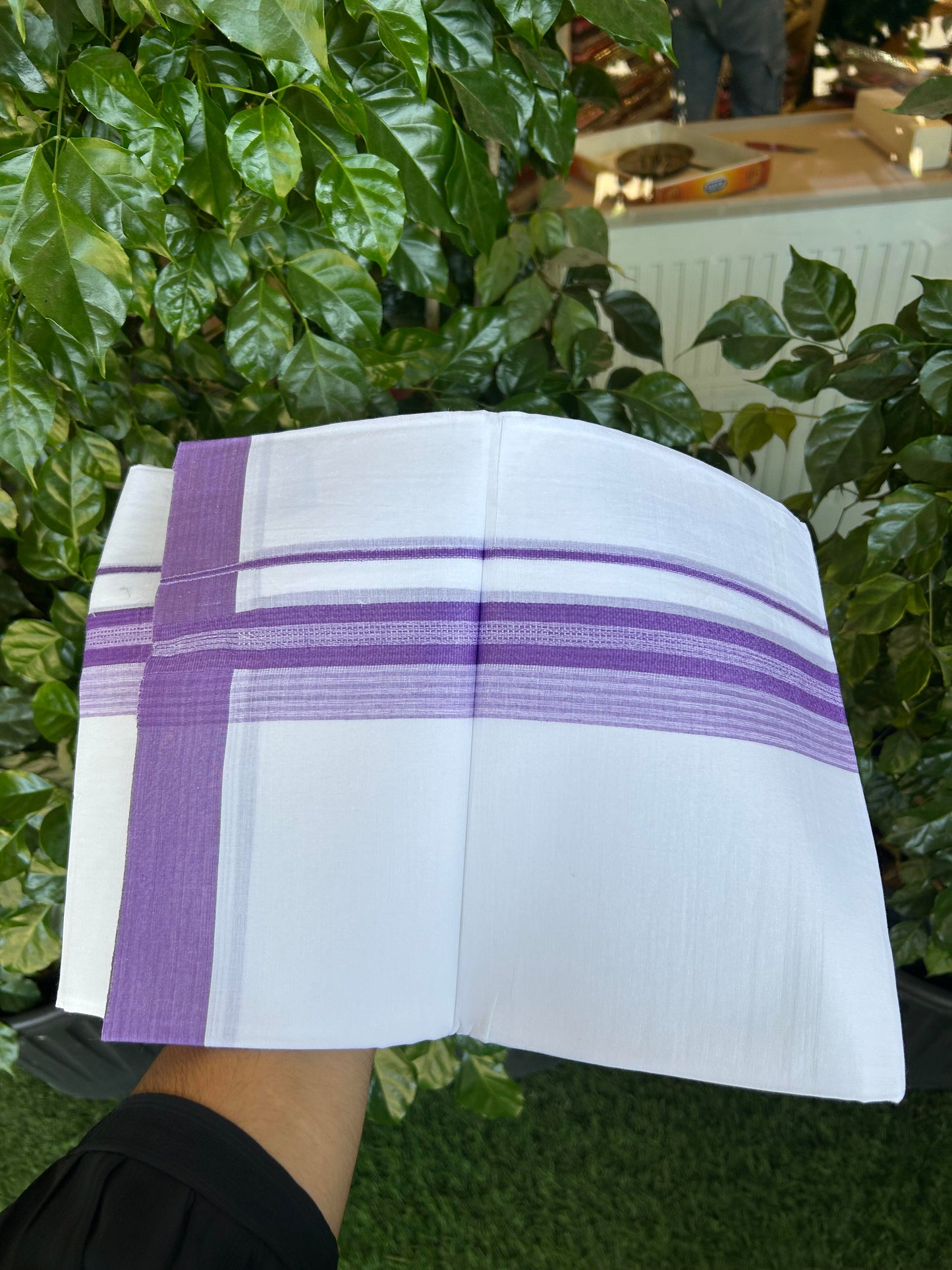 20% Discount ! Kaitharikada Balaramapuram 100% Cotton Pure White Double Mundu/Dothi - 100x80 - 2 inch Lavander Shaded Stripes Kara 3.90 m (8 muzham) - 34 KK5364 MC