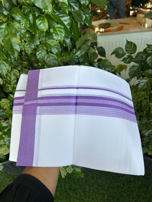 20% Discount ! Kaitharikada Balaramapuram 100% Cotton Pure White Double Mundu/Dothi - 100x80 - 2 inch Lavander Shaded Stripes Kara 3.90 m (8 muzham) - 34 KK5364 MC