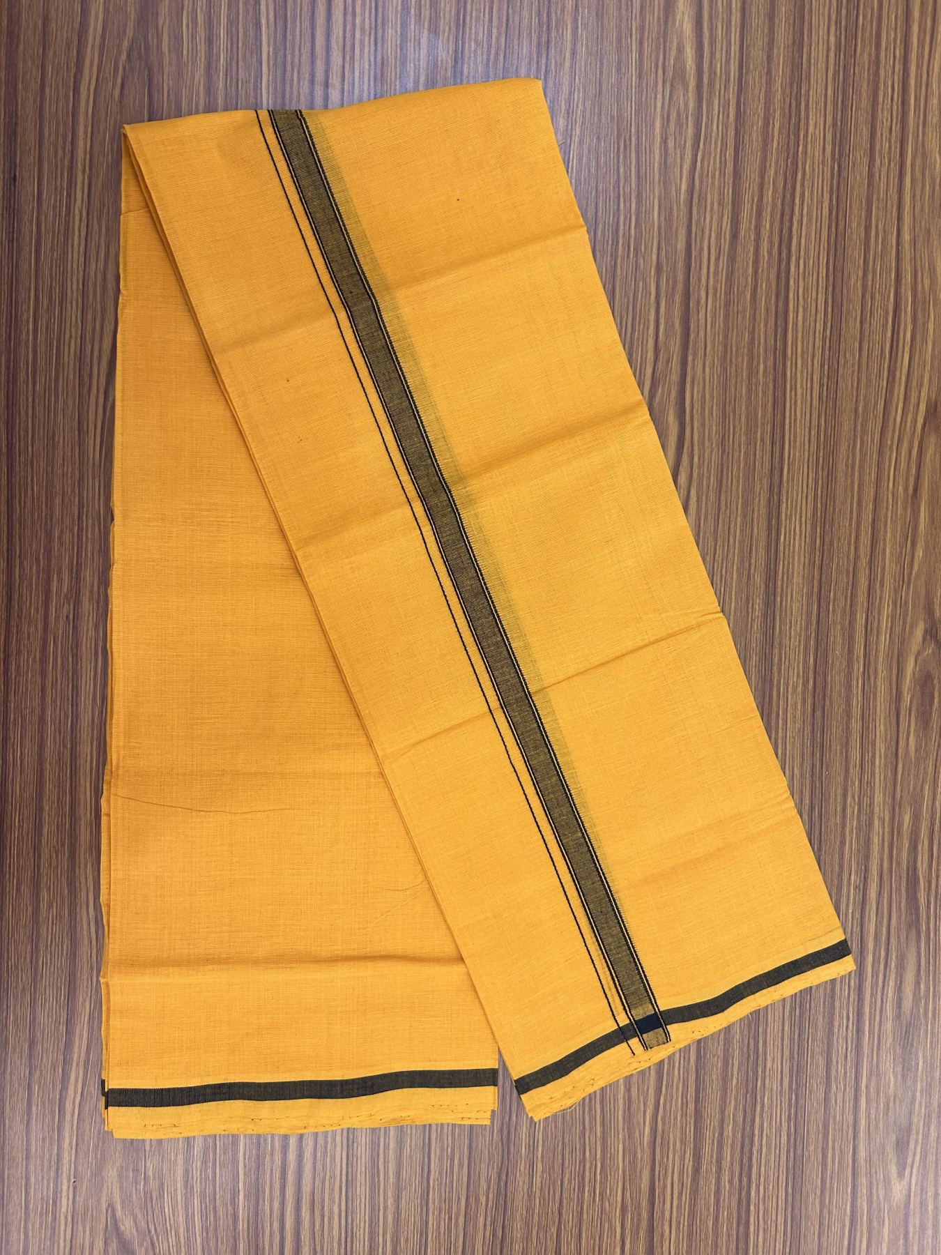 Handloom Single Hallmarked - 10% Discount !! KaithariKada 100% Pure Cotton - Mundu/Dhoti 2 cm Black Kara with Light Orange colour Body - (2 meter / 4 muzham) - 38 KK8044 ELA
