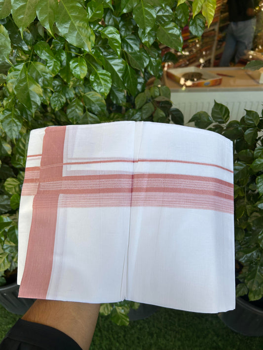 20% Discount ! Kaitharikada Balaramapuram 100% Cotton Pure White Double Mundu/Dothi - 100x80 - 2 inch Dusty Peach Shaded Stripes Kara 3.90 m (8 muzham) - 33 KK5364 MC