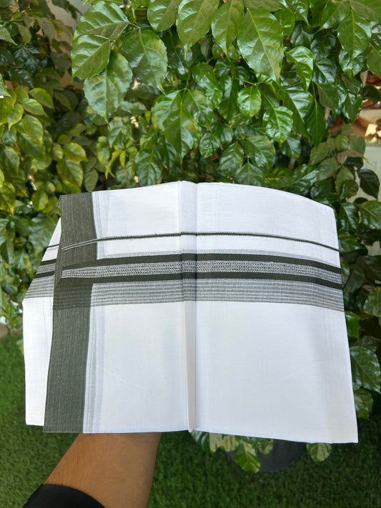 20% Discount ! Kaitharikada Balaramapuram 100% Cotton Pure White Double Mundu/Dothi - 100x80 - 2 inch Dark Pine Green Shaded Stripes Kara 3.90 m (8 muzham)- 21 KK5364 MC