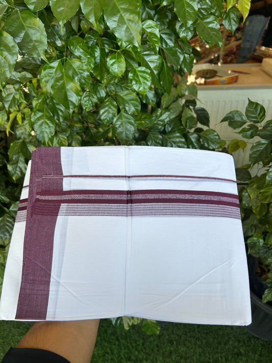 20% Discount ! Kaitharikada Balaramapuram 100% Cotton Pure White Double Mundu/Dothi - 100x80 - 2 inch Wine Purple Shaded Stripes Kara 3.90 m (8 muzham) - 30 KK5364 MC