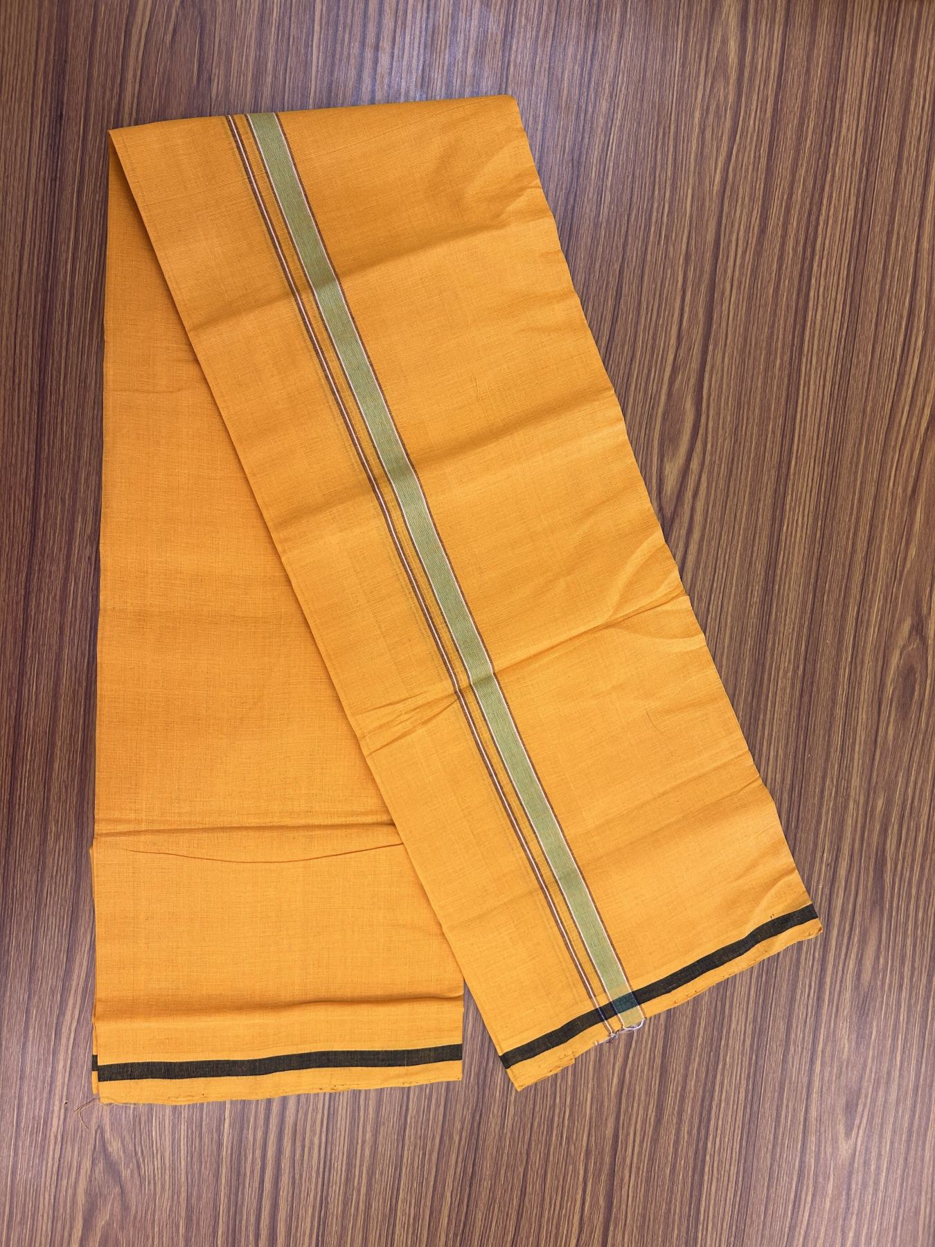 Handloom Single Hallmarked - 10% Discount !! KaithariKada 100% Pure Cotton - Mundu/Dhoti 2 cm Brown & Green Kara with Light Orange colour Body - (2 meter / 4 muzham) - 39 KK8044 ELA