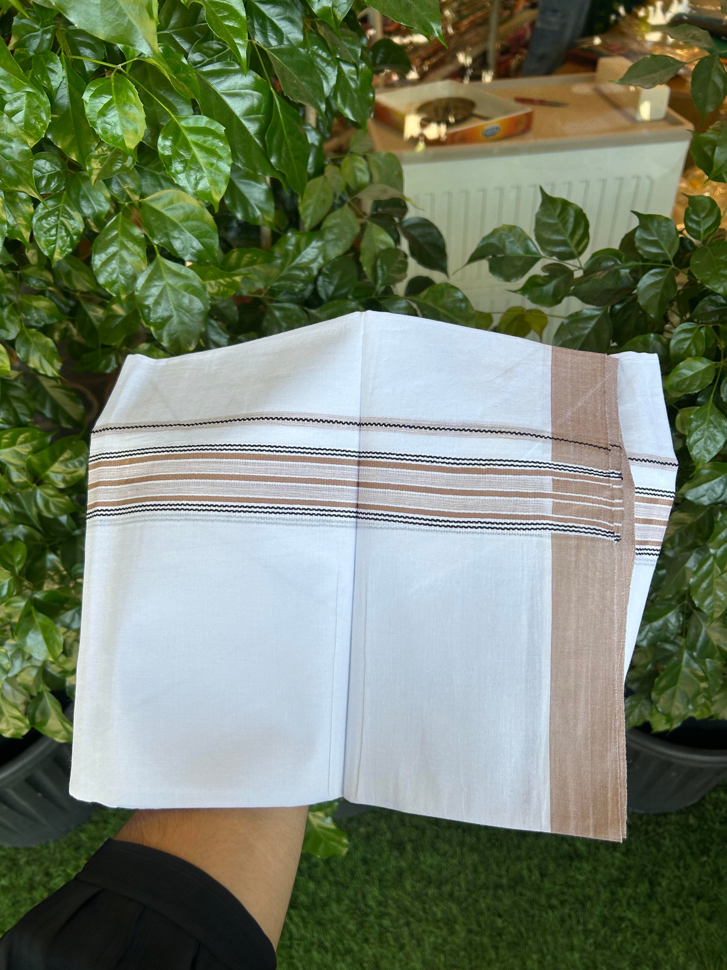20% Discount ! Kaitharikada Balaramapuram 100% Cotton Pure White Double Mundu/Dothi - 100x80 - 1.25 inch Black & Peach Brown Shaded Stripes Kara 3.90 m (8 muzham) - 78 KK5364 MC