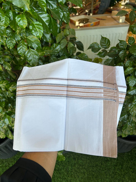 20% Discount ! Kaitharikada Balaramapuram 100% Cotton Pure White Double Mundu/Dothi - 100x80 - 1.25 inch Black & Peach Brown Shaded Stripes Kara 3.90 m (8 muzham) - 78 KK5364 MC