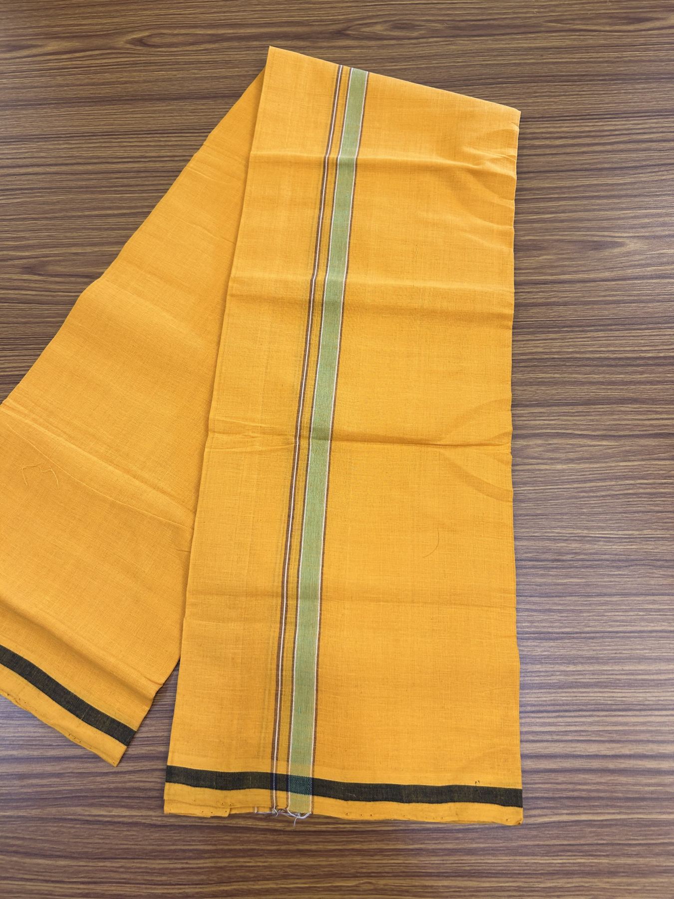 Handloom Single Hallmarked - 10% Discount !! KaithariKada 100% Pure Cotton - Mundu/Dhoti 2 cm Brown & Green Kara with Light Orange colour Body - (2 meter / 4 muzham) - 39 KK8044 ELA