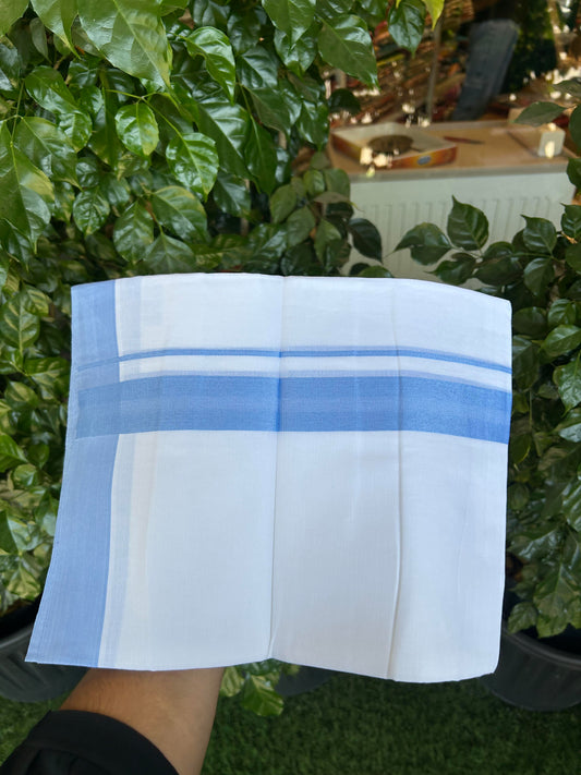 20% Discount ! Kaitharikada Balaramapuram 100% Cotton Pure White Double Mundu/Dothi - 100x80 -1.25 inch Light Blue Center Design Kara - 3.90 m (8 muzham) - 11 KK5364 MC