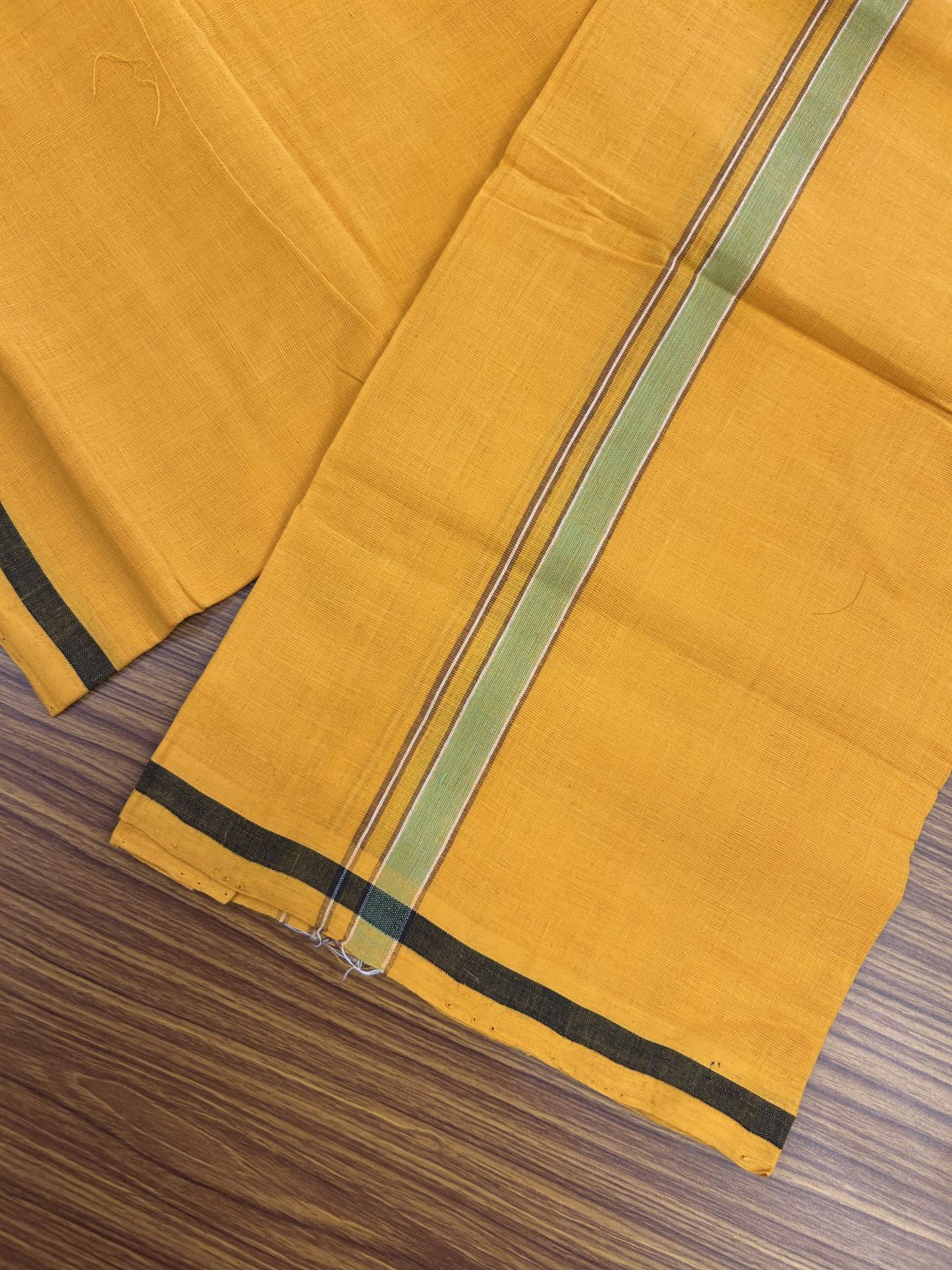 Handloom Single Hallmarked - 10% Discount !! KaithariKada 100% Pure Cotton - Mundu/Dhoti 2 cm Brown & Green Kara with Light Orange colour Body - (2 meter / 4 muzham) - 39 KK8044 ELA
