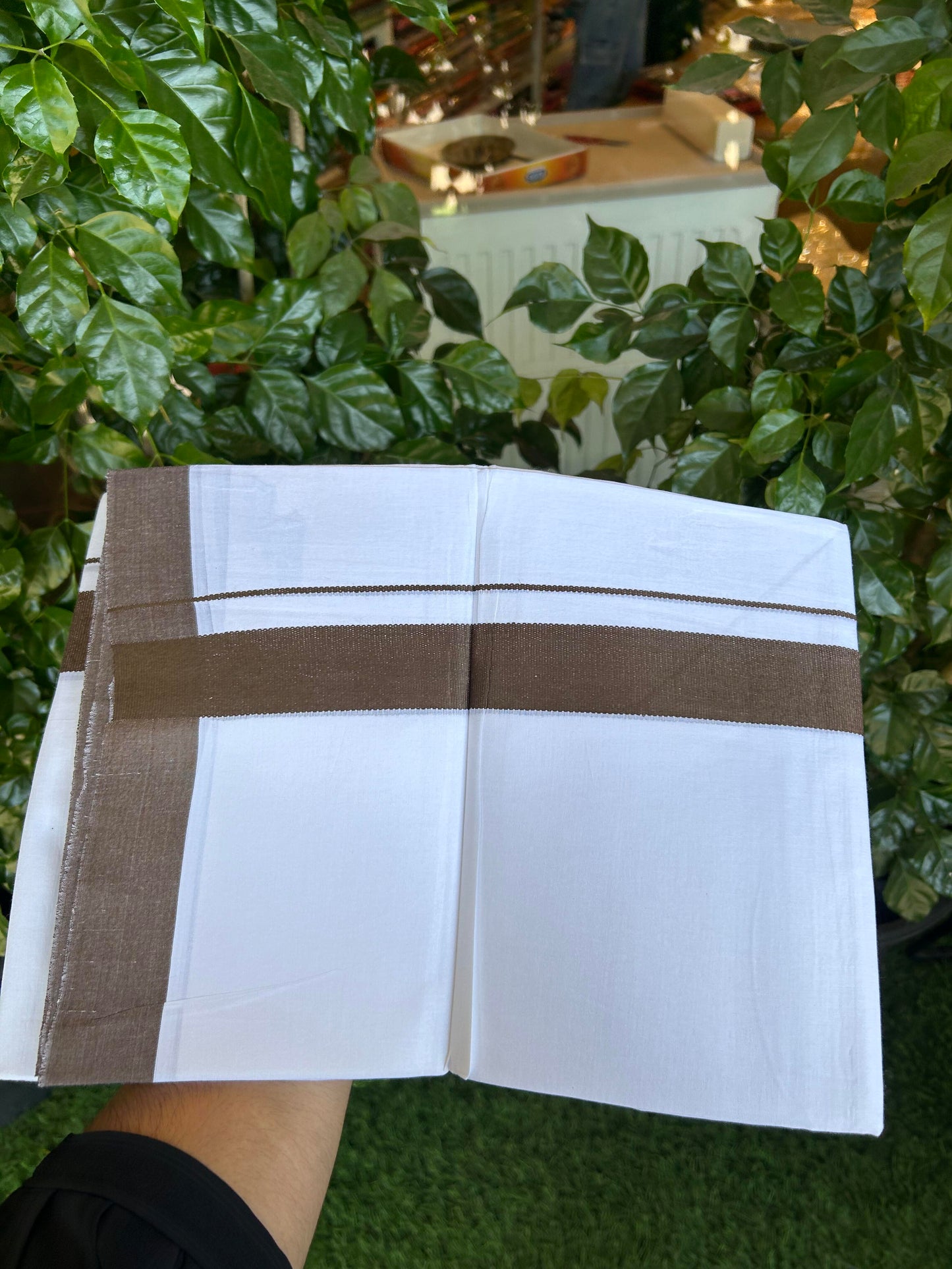 20% Discount ! Kaitharikada Balaramapuram 100% Cotton Pure White Double Mundu/Dothi - 100x80 - 1.5 inch Walnut Brown Kara - 3.90 m (8 muzham) - 19 KK5364 MC