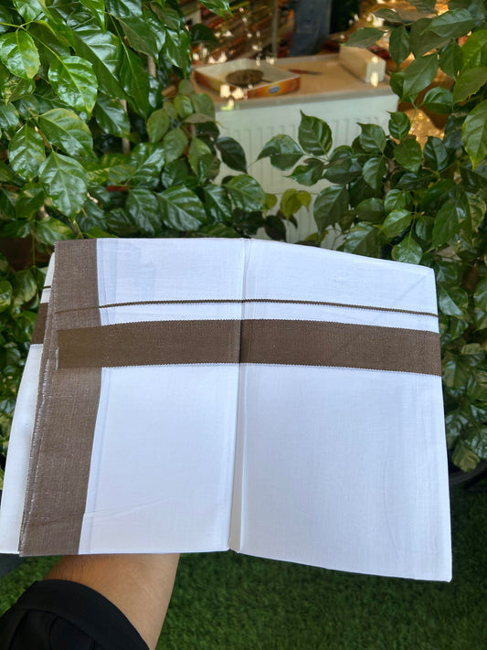 20% Discount ! Kaitharikada Balaramapuram 100% Cotton Pure White Double Mundu/Dothi - 100x80 - 1.5 inch Walnut Brown Kara - 3.90 m (8 muzham) - 19 KK5364 MC