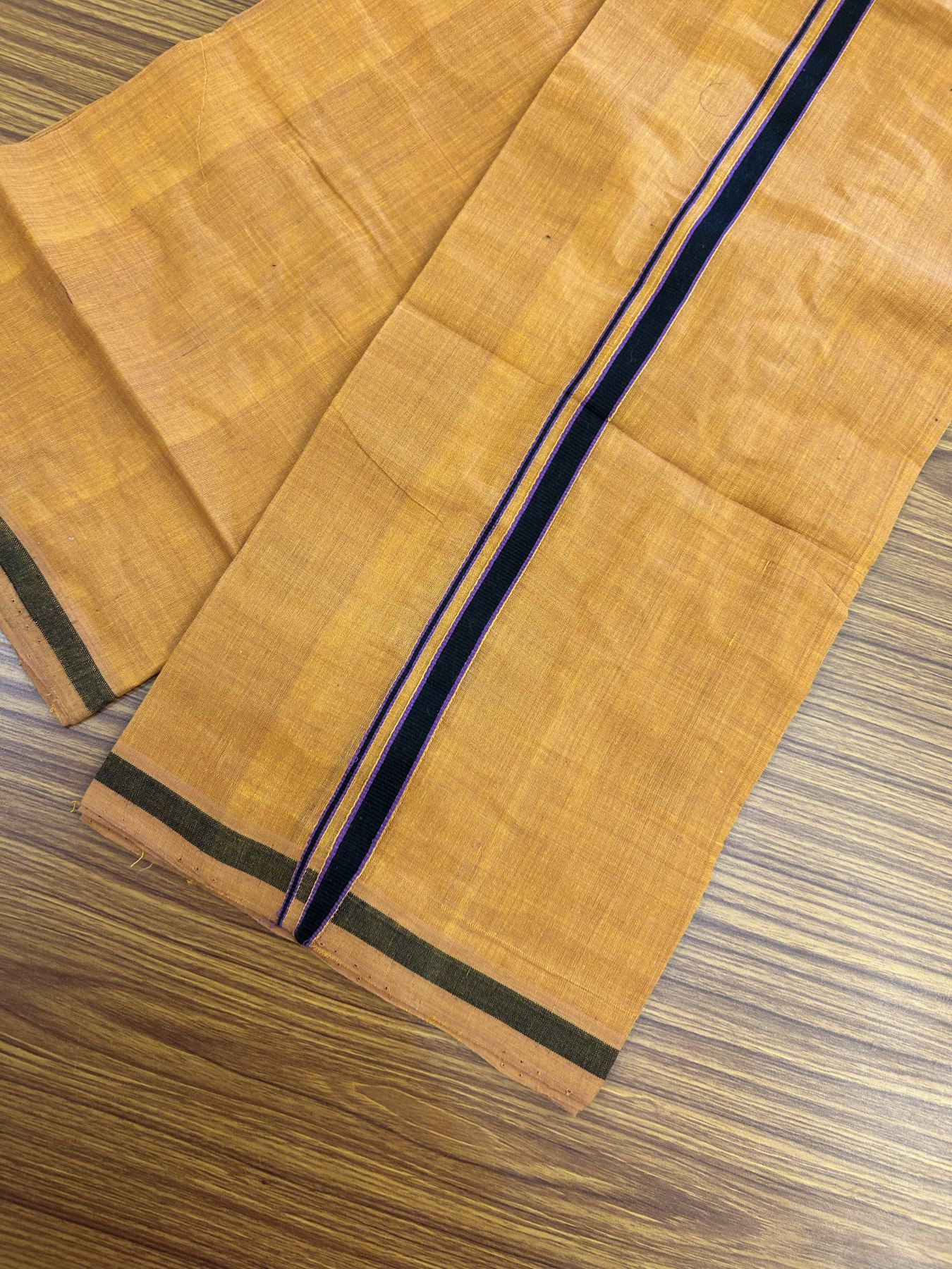 Handloom Single Hallmarked - 10% Discount ! KaithariKada 100% Pure Cotton - Mundu/Dhoti 0.5 inch Black & Violet Kara with Kavi colour Body - (2 meter / 4 muzham) - 57 KK8044 ELA