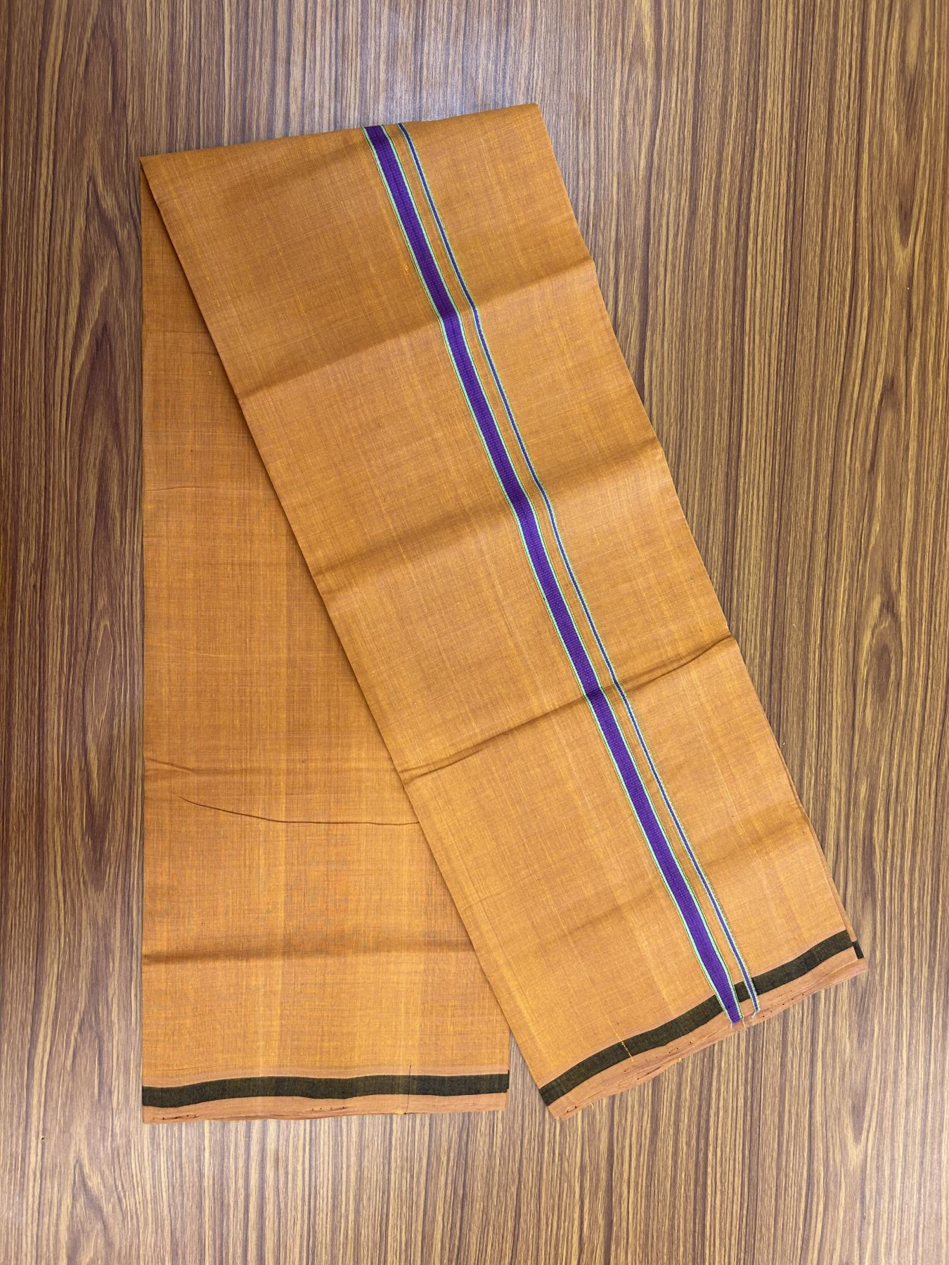 Handloom Single Hallmarked - 10% Discount ! KaithariKada 100% Pure Cotton - Mundu/Dhoti 0.5 inch Violet & Parrot Green Kara with Kavi colour Body - (2 meter / 4 muzham) - 62 KK8044 ELA