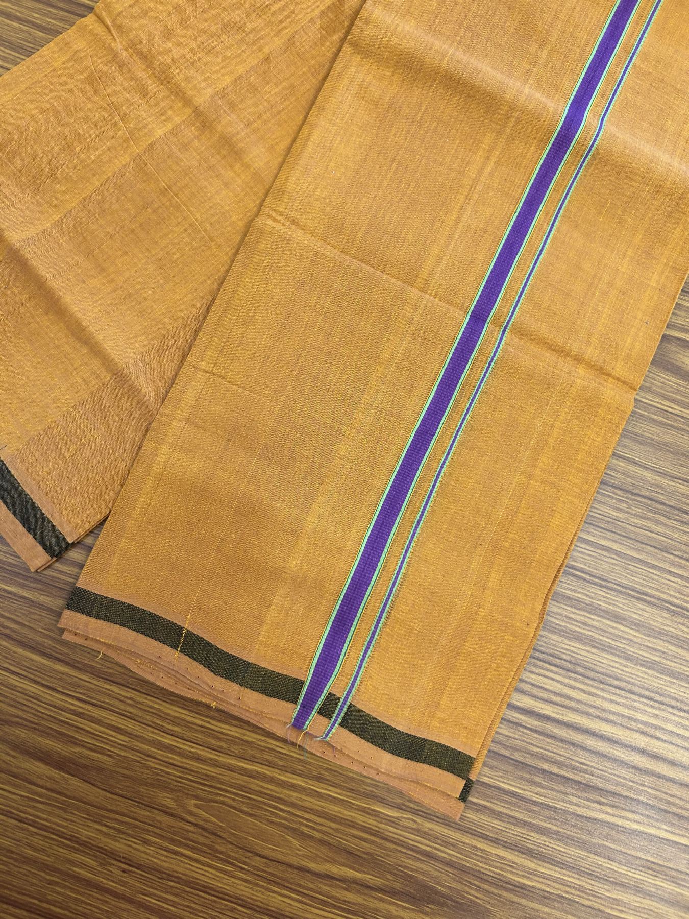 Handloom Single Hallmarked - 10% Discount ! KaithariKada 100% Pure Cotton - Mundu/Dhoti 0.5 inch Violet & Parrot Green Kara with Kavi colour Body - (2 meter / 4 muzham) - 62 KK8044 ELA
