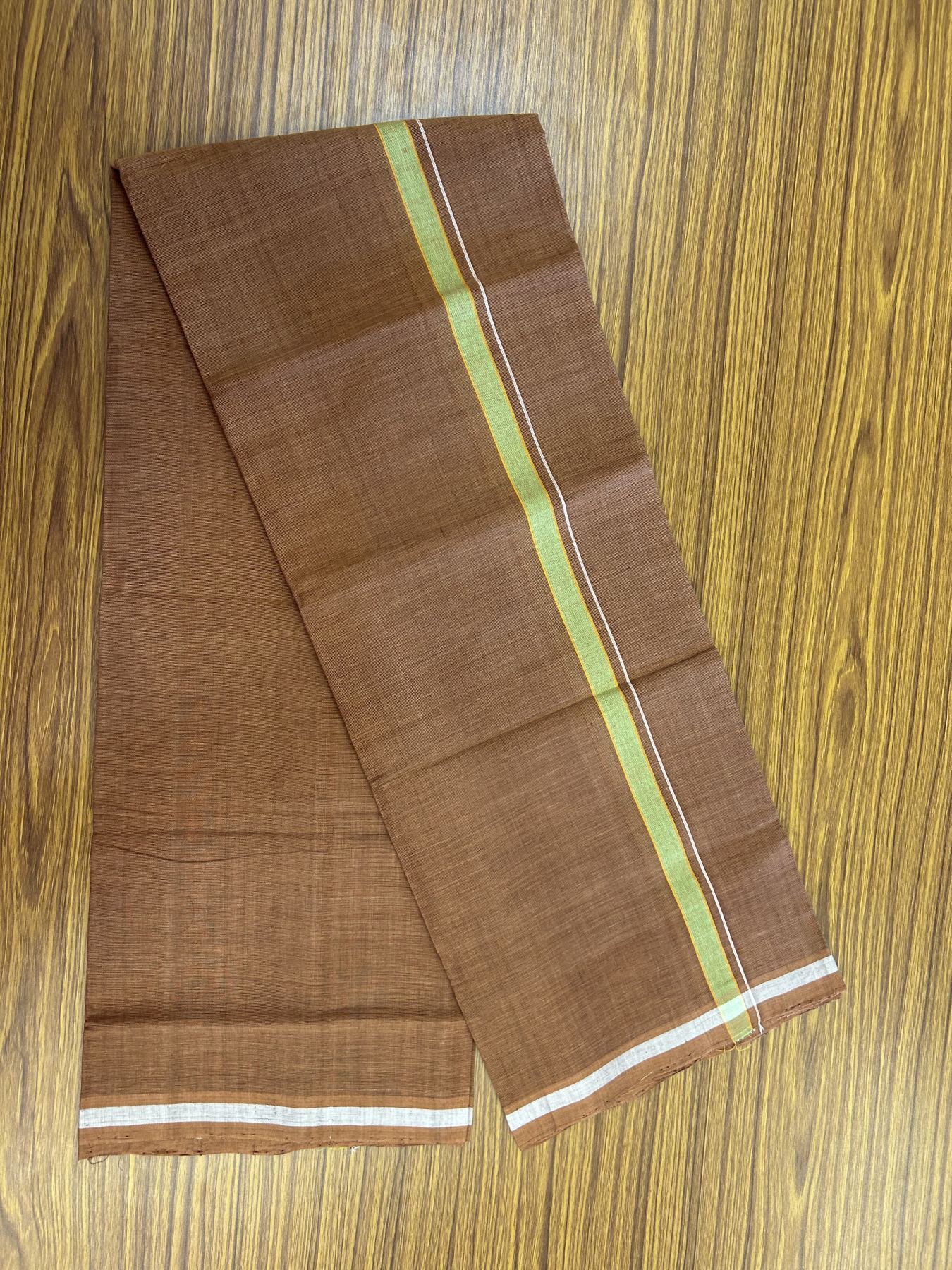 Handloom Single Hallmarked - 10% Discount ! KaithariKada 100% Pure Cotton - Mundu/Dhoti 0.5 inch Parrot Green & Light orange Kara with Kavi colour Body - (2 meter / 4 muzham) - 73 KK8044 ELA