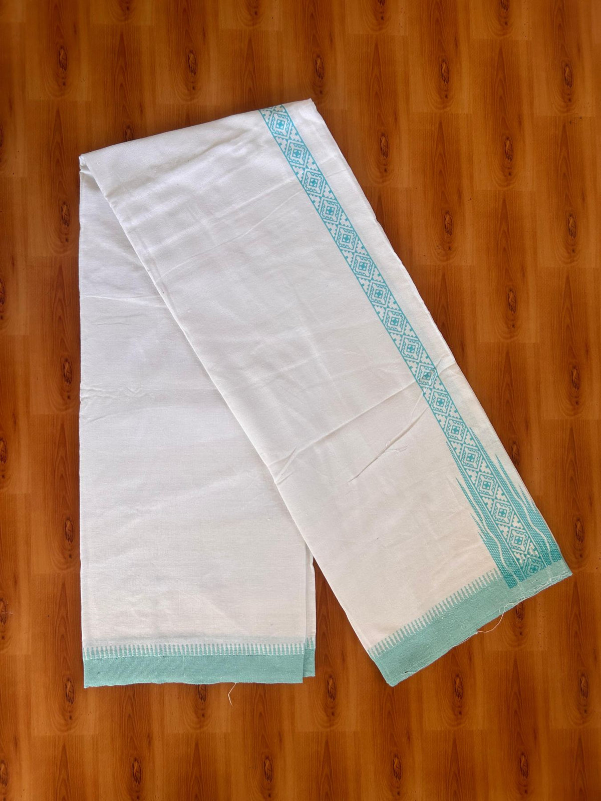 Single Kaily / Lungi - Mixed Cotton - Kaitharikada - 2/40s - 2.75 inch Cyan Printed Design Chutty Kara & Kuppadam Border With White Colour Body (2 meter / 4 muzham) - 34 KK8088 SAT