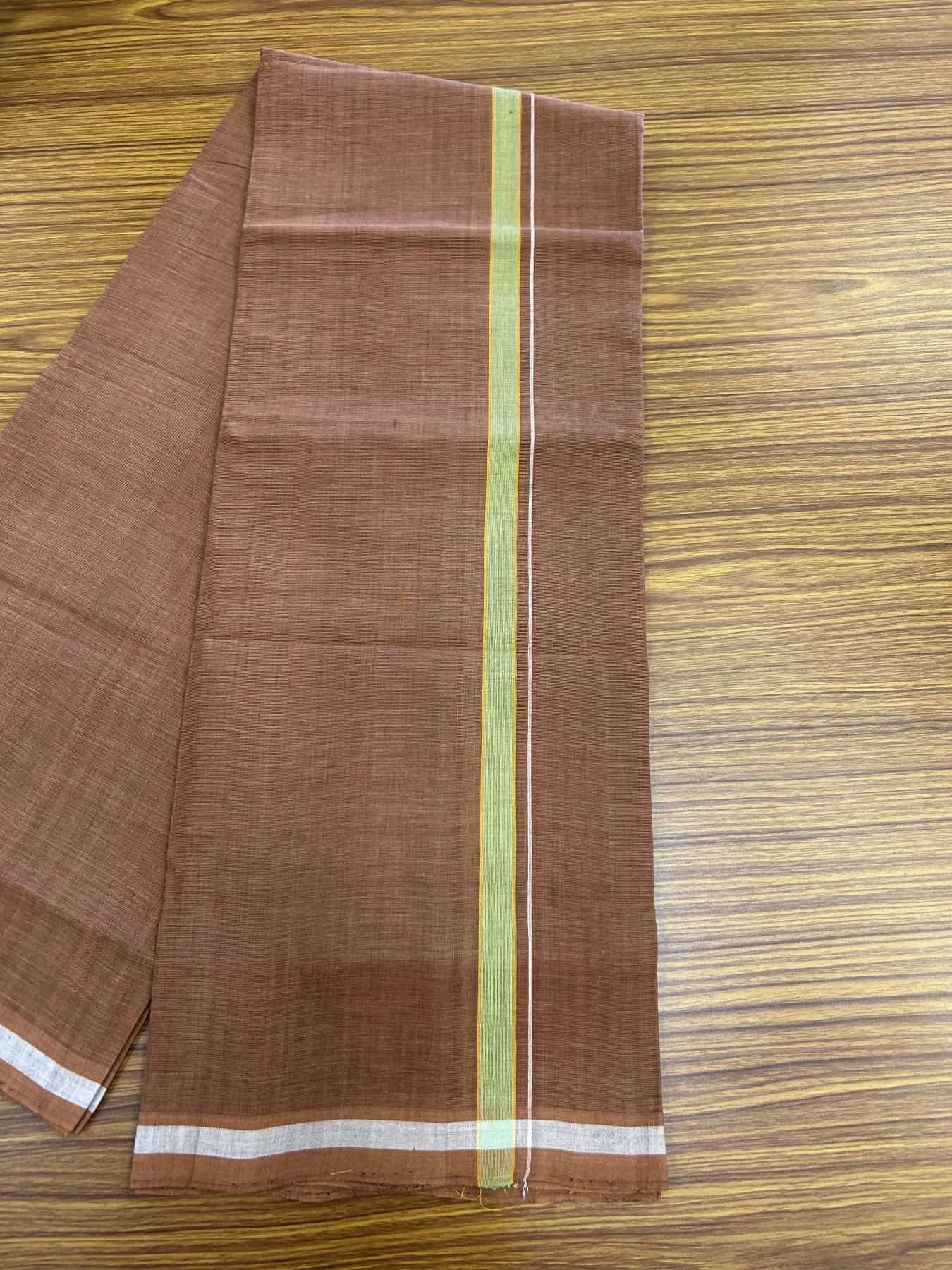 Handloom Single Hallmarked - 10% Discount ! KaithariKada 100% Pure Cotton - Mundu/Dhoti 0.5 inch Parrot Green & Light orange Kara with Kavi colour Body - (2 meter / 4 muzham) - 73 KK8044 ELA