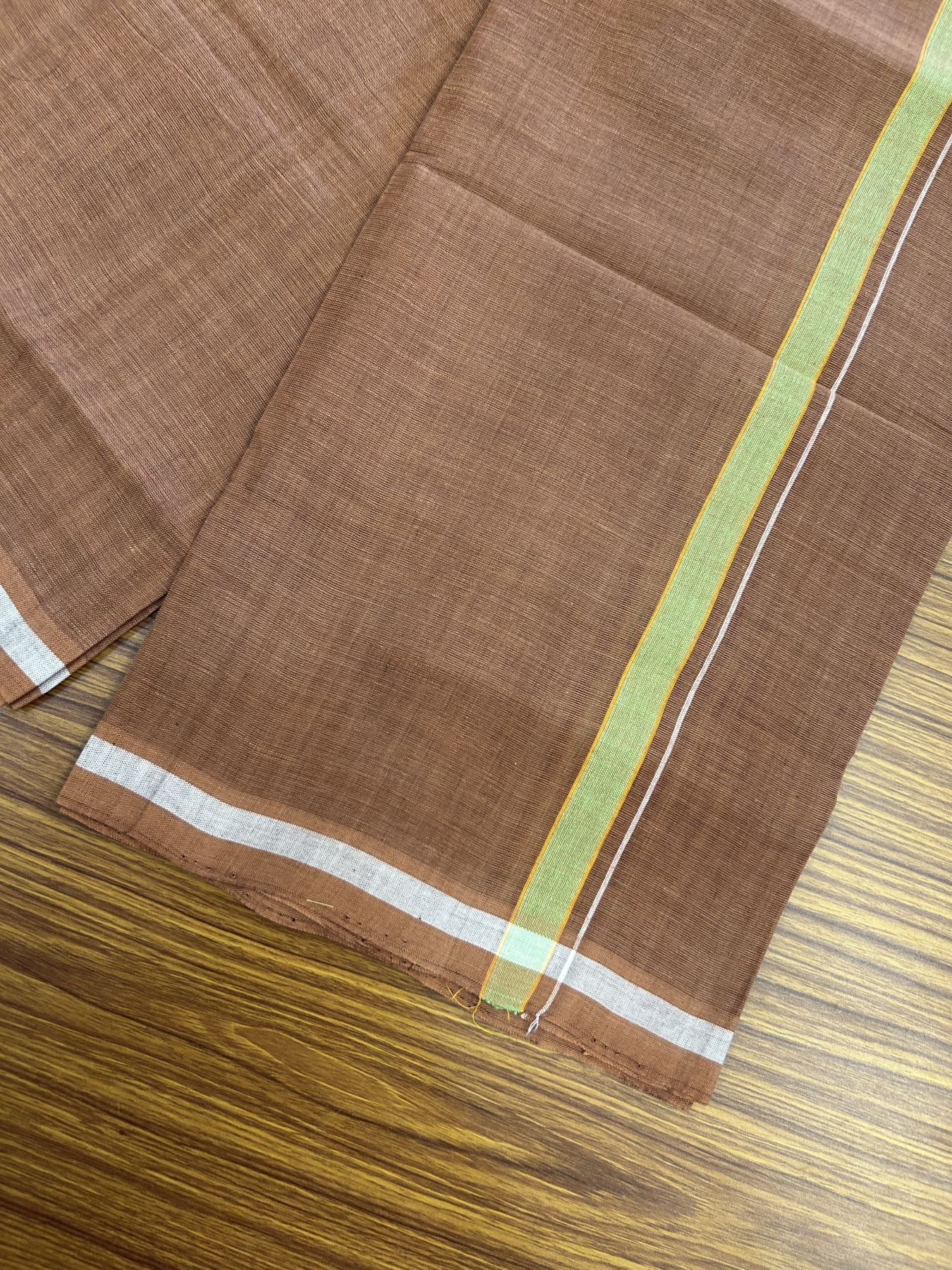 Handloom Single Hallmarked - 10% Discount ! KaithariKada 100% Pure Cotton - Mundu/Dhoti 0.5 inch Parrot Green & Light orange Kara with Kavi colour Body - (2 meter / 4 muzham) - 73 KK8044 ELA