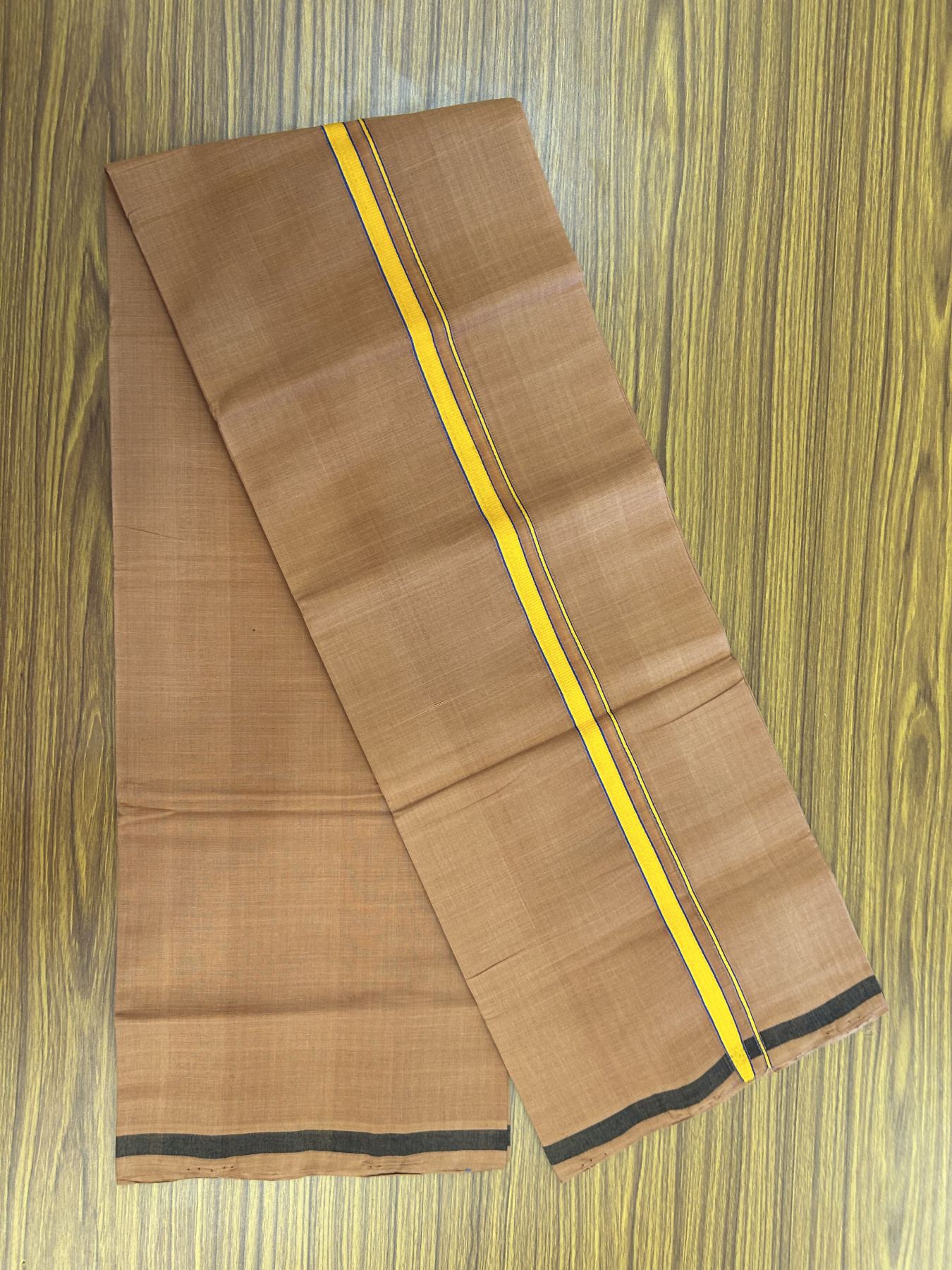 Handloom Single Hallmarked - 10% Discount ! KaithariKada 100% Pure Cotton - Mundu/Dhoti 0.5 inch Light Orange & Blue Kara with Kavi colour Body - (2 meter / 4 muzham) - 63 KK8044 ELA