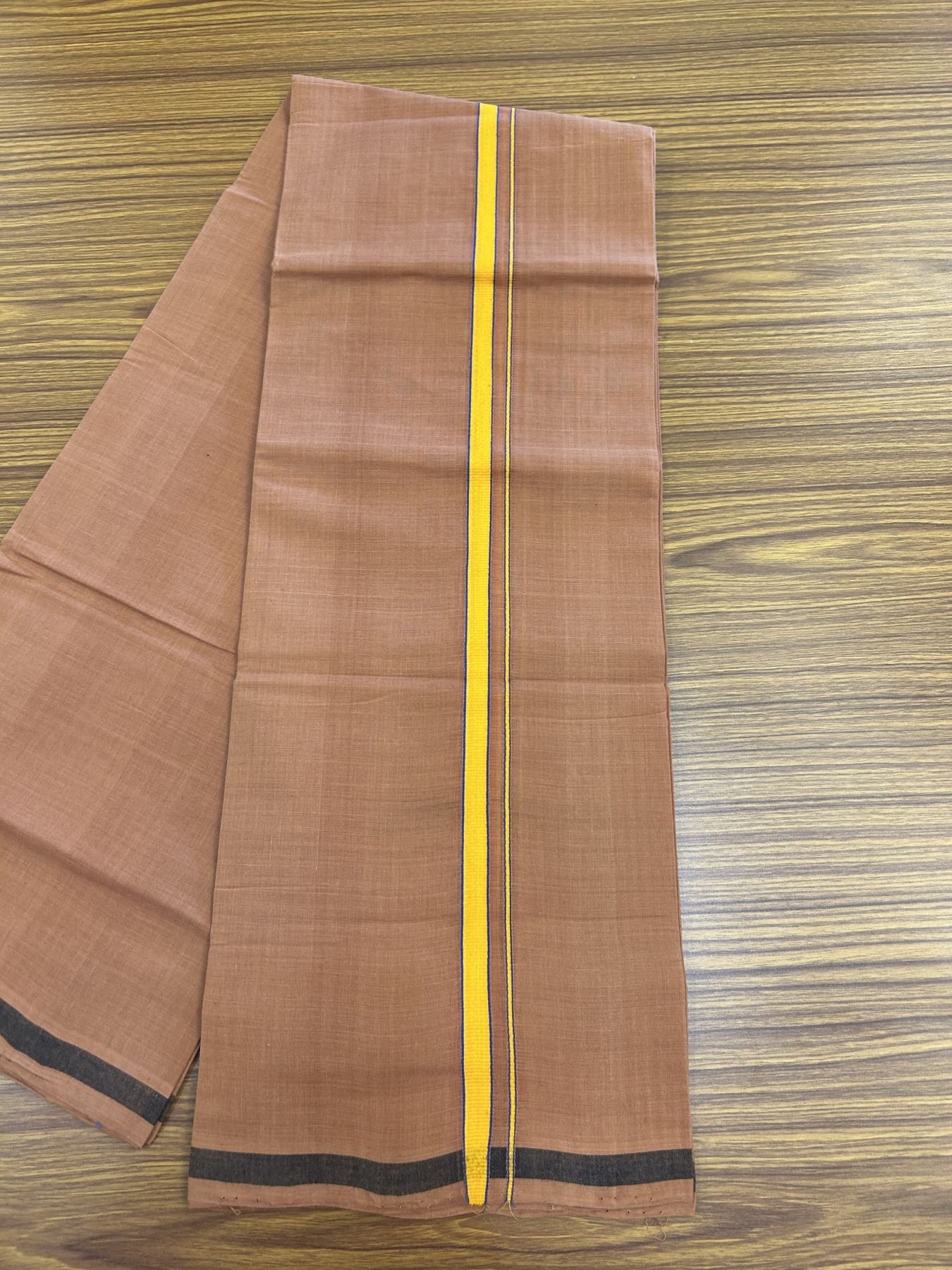 Handloom Single Hallmarked - 10% Discount ! KaithariKada 100% Pure Cotton - Mundu/Dhoti 0.5 inch Light Orange & Blue Kara with Kavi colour Body - (2 meter / 4 muzham) - 63 KK8044 ELA