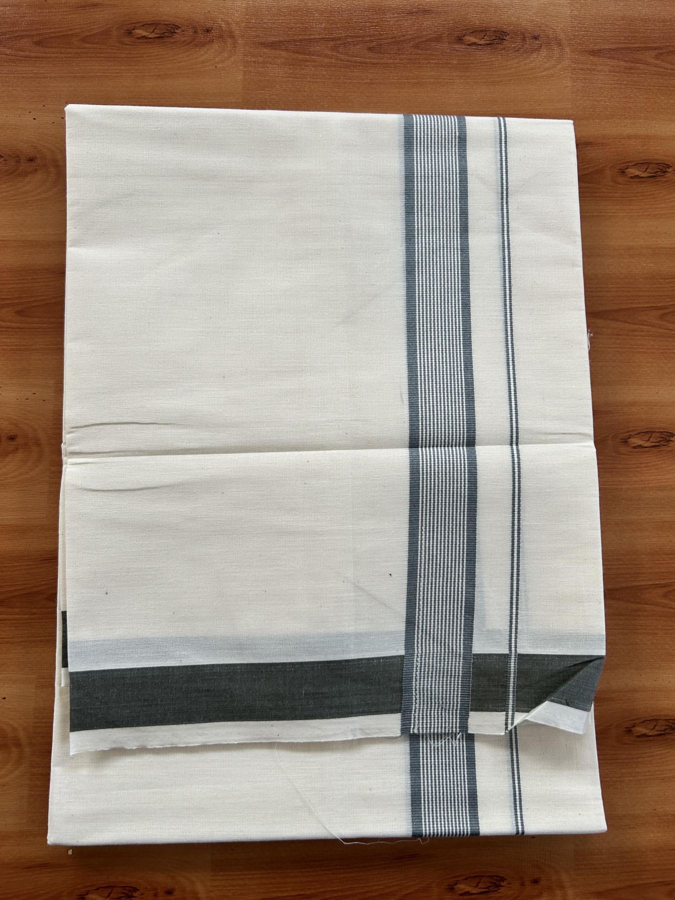 Single Off White - (Unbleached) Mundu/Dhoti - KaithariKada Balaramapuram Pure Cotton 70x30 - 1.25 inch Greyish Sage Green Striped Kara (2 meter /4 muzham) - 9 KK5409 PMC