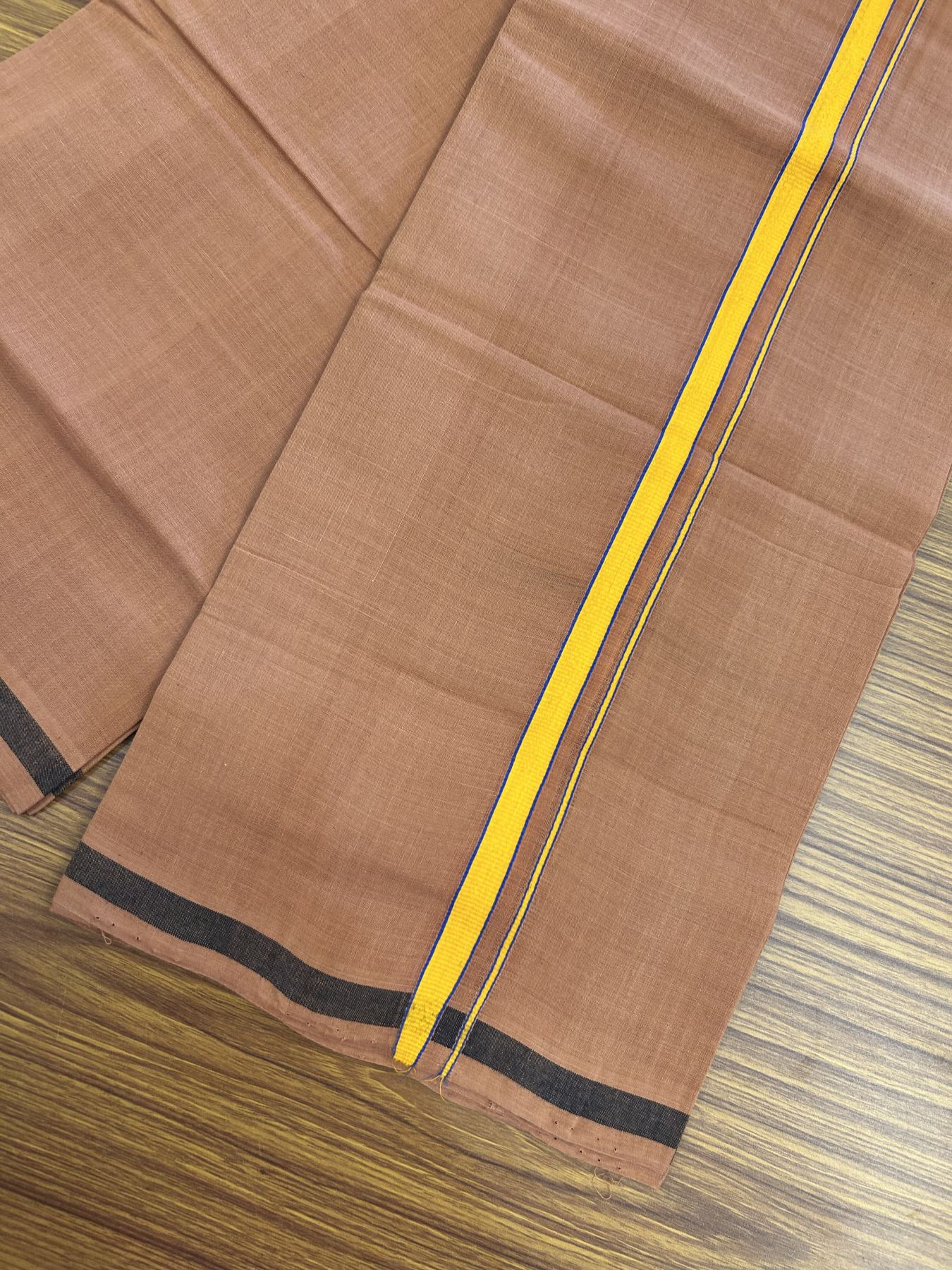 Handloom Single Hallmarked - 10% Discount ! KaithariKada 100% Pure Cotton - Mundu/Dhoti 0.5 inch Light Orange & Blue Kara with Kavi colour Body - (2 meter / 4 muzham) - 63 KK8044 ELA