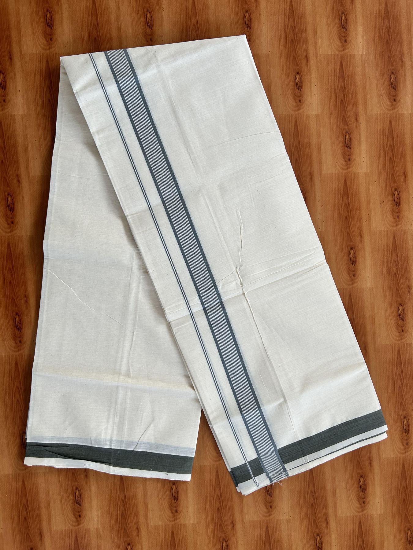 Single Off White - (Unbleached) Mundu/Dhoti - KaithariKada Balaramapuram Pure Cotton 70x30 - 1.25 inch Greyish Sage Green Striped Kara (2 meter /4 muzham) - 9 KK5409 PMC