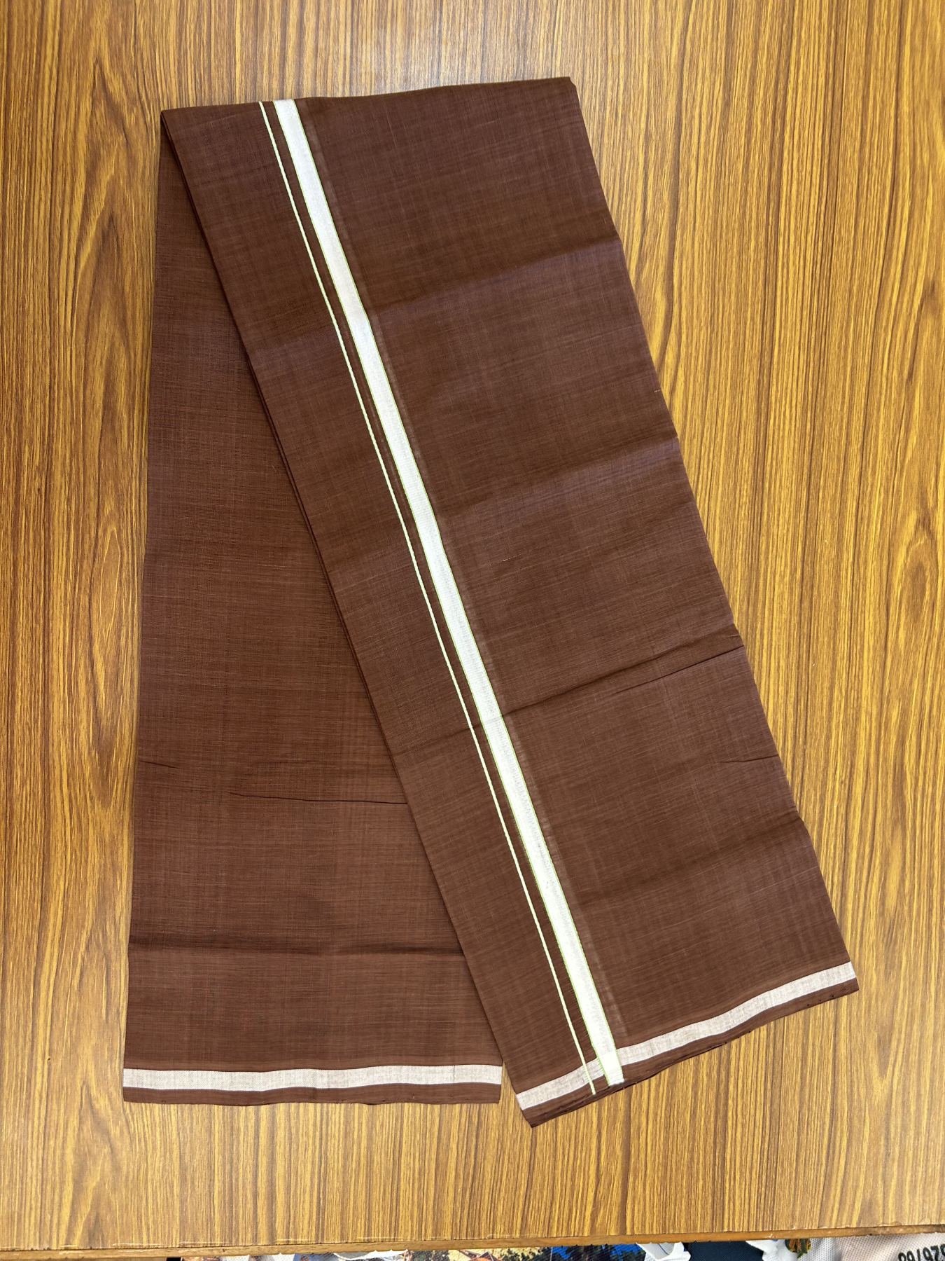 Handloom Single Hallmarked - 10% Discount ! KaithariKada 100% Pure Cotton - Mundu/Dhoti 0.5 inch White & Parrot green kara with Brown colour Body - (2 meter / 4 muzham) - 81 KK8044 ELA