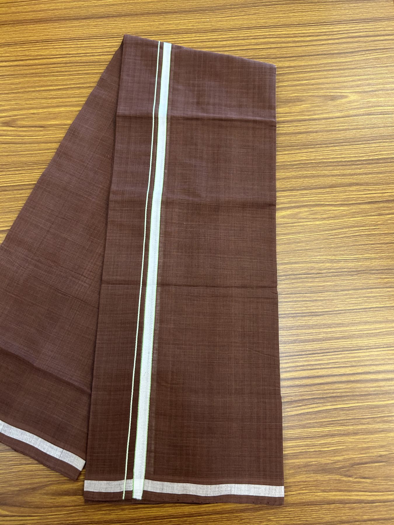 Handloom Single Hallmarked - 10% Discount ! KaithariKada 100% Pure Cotton - Mundu/Dhoti 0.5 inch White & Parrot green kara with Brown colour Body - (2 meter / 4 muzham) - 81 KK8044 ELA