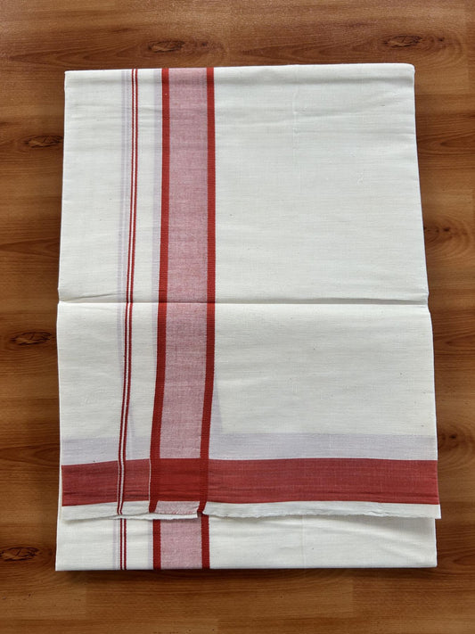 Single Off White - (Unbleached) Mundu/Dhoti - KaithariKada Balaramapuram Pure Cotton 70x30 - 1.25 inch Reddish Orange Shaded Kara (2 meter / 4 muzham) - 2 KK5409 PMC
