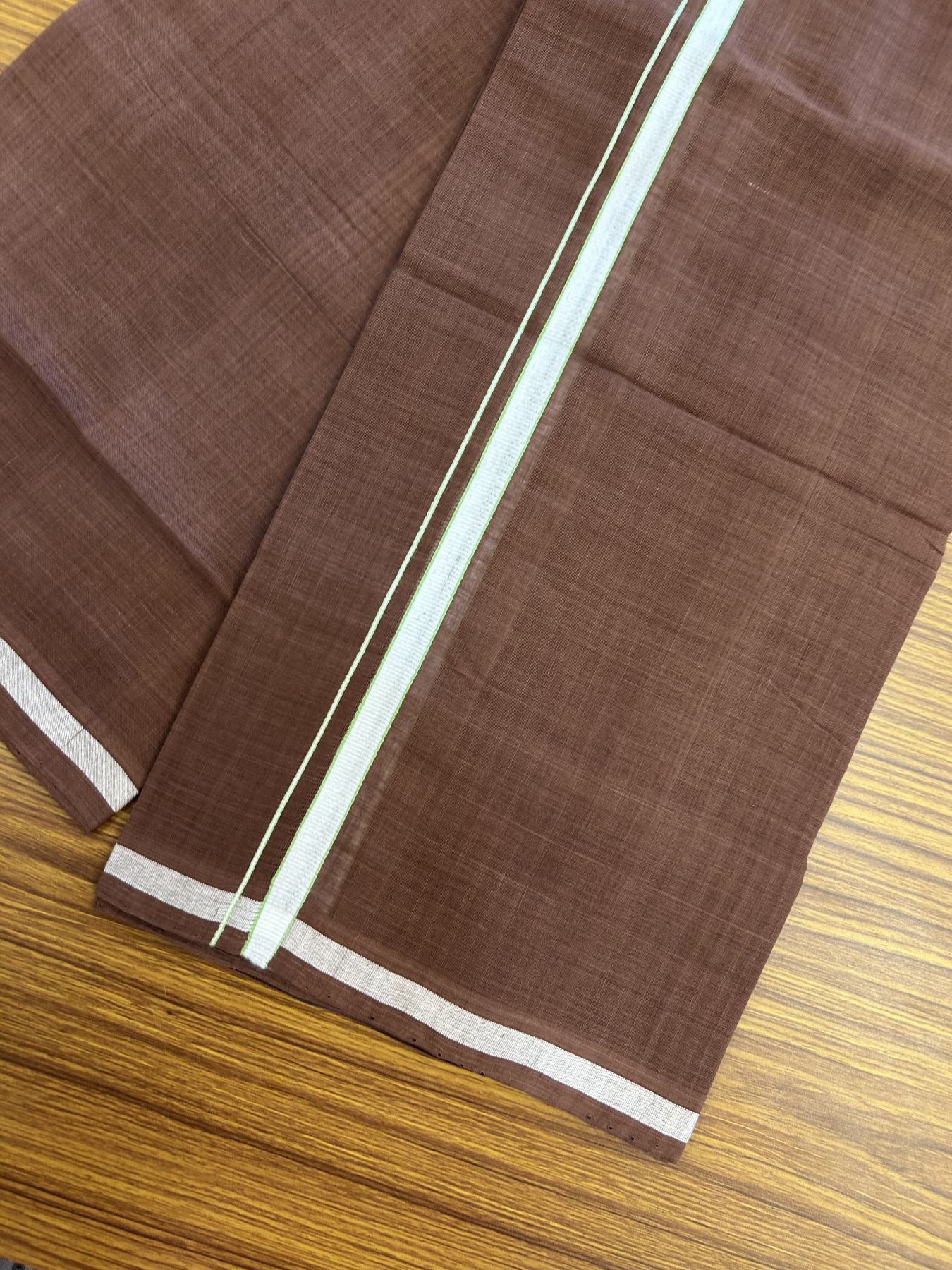 Handloom Single Hallmarked - 10% Discount ! KaithariKada 100% Pure Cotton - Mundu/Dhoti 0.5 inch White & Parrot green kara with Brown colour Body - (2 meter / 4 muzham) - 81 KK8044 ELA