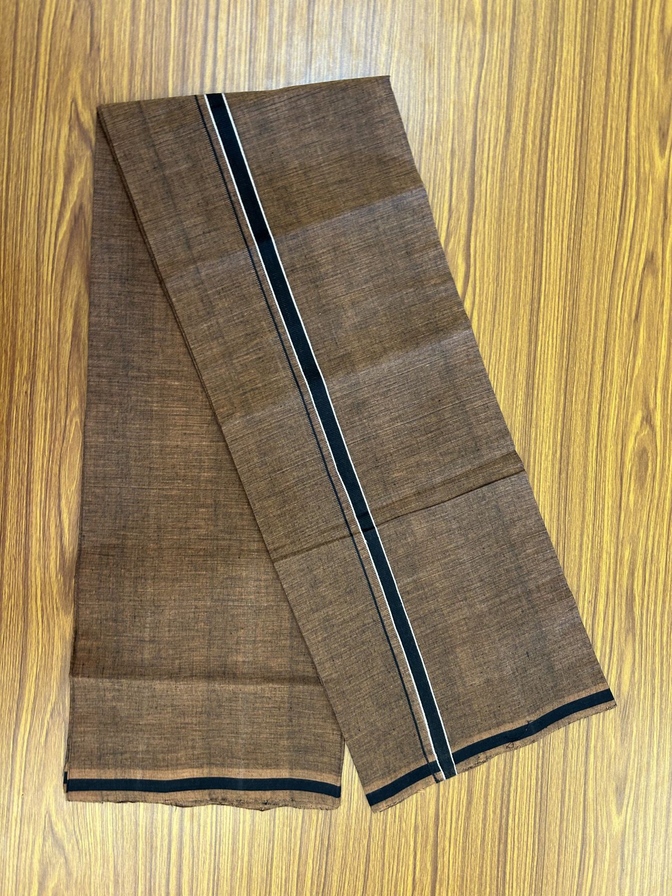 Handloom Single Hallmarked - 10% Discount ! KaithariKada 100% Pure Cotton - Mundu/Dhoti 0.5 inch Black & White striped kara with Brown colour Body - (2 meter / 4 muzham) - 86 KK8044 ELA