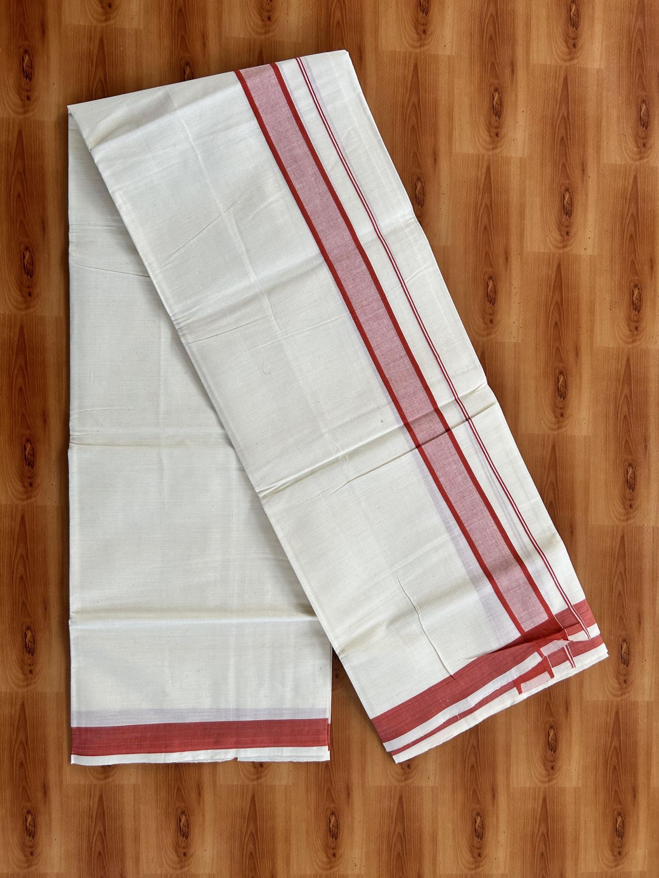 Single Off White - (Unbleached) Mundu/Dhoti - KaithariKada Balaramapuram Pure Cotton 70x30 - 1.25 inch Reddish Orange Shaded Kara (2 meter / 4 muzham) - 2 KK5409 PMC