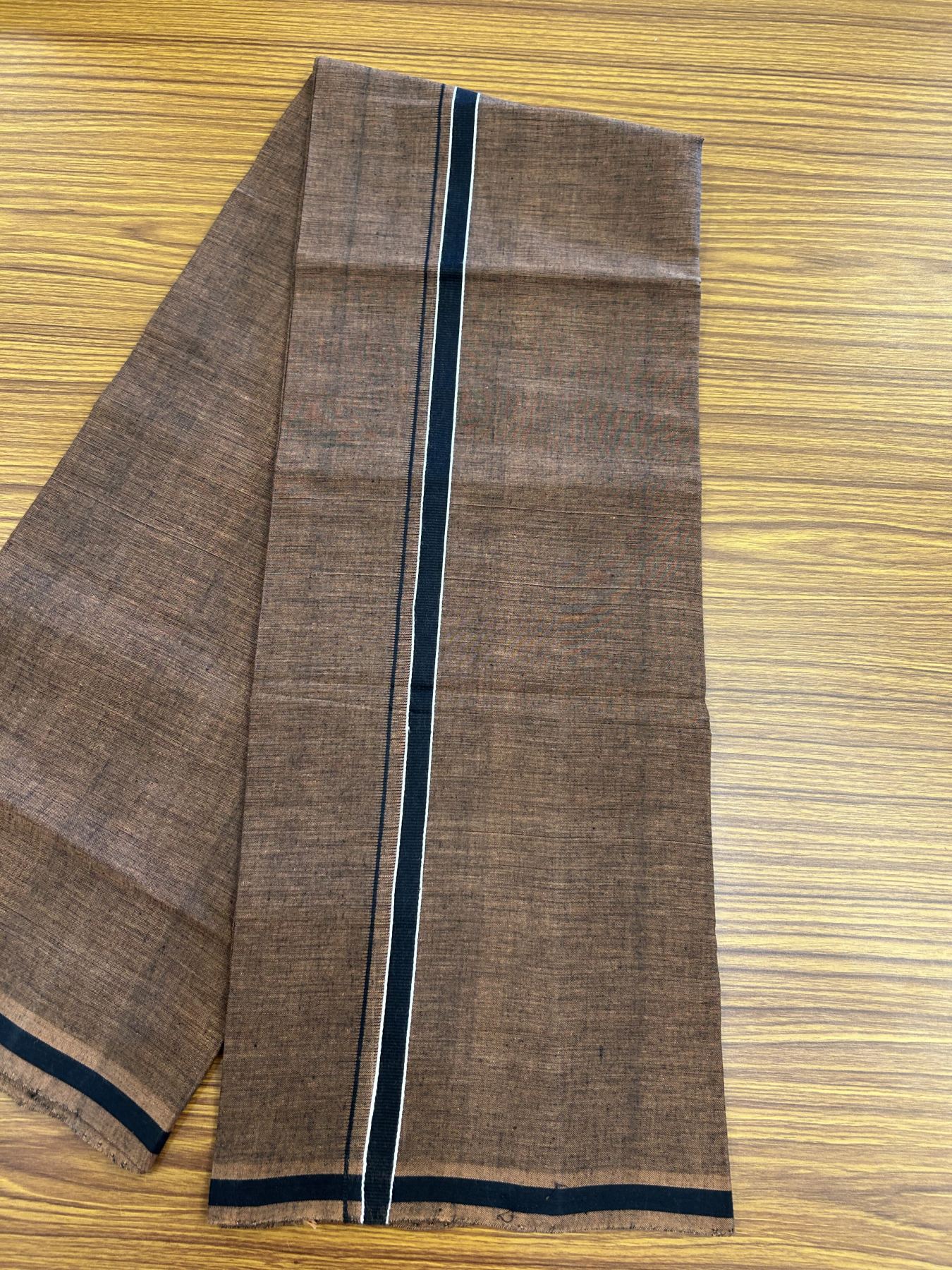 Handloom Single Hallmarked - 10% Discount ! KaithariKada 100% Pure Cotton - Mundu/Dhoti 0.5 inch Black & White striped kara with Brown colour Body - (2 meter / 4 muzham) - 86 KK8044 ELA