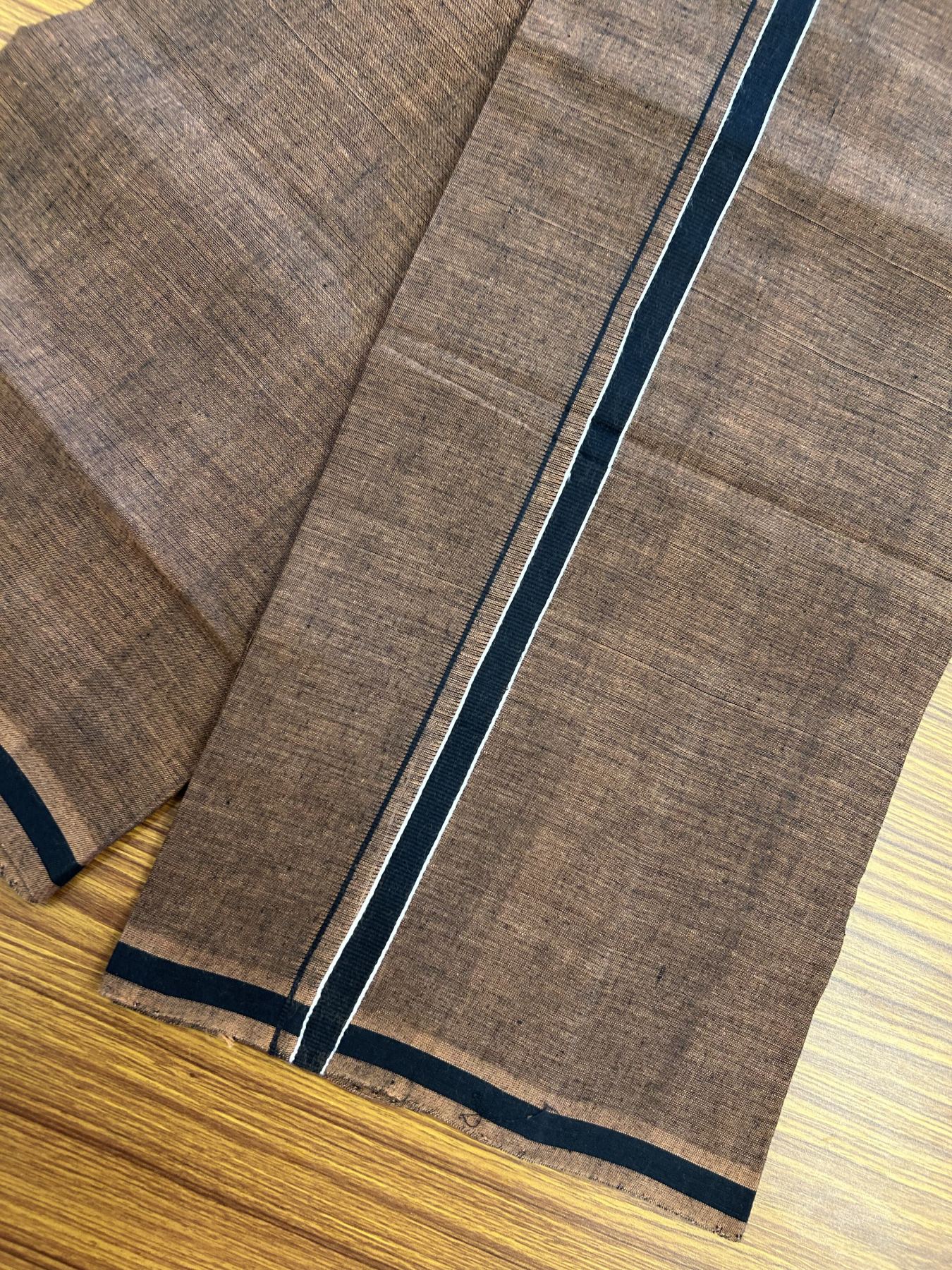 Handloom Single Hallmarked - 10% Discount ! KaithariKada 100% Pure Cotton - Mundu/Dhoti 0.5 inch Black & White striped kara with Brown colour Body - (2 meter / 4 muzham) - 86 KK8044 ELA