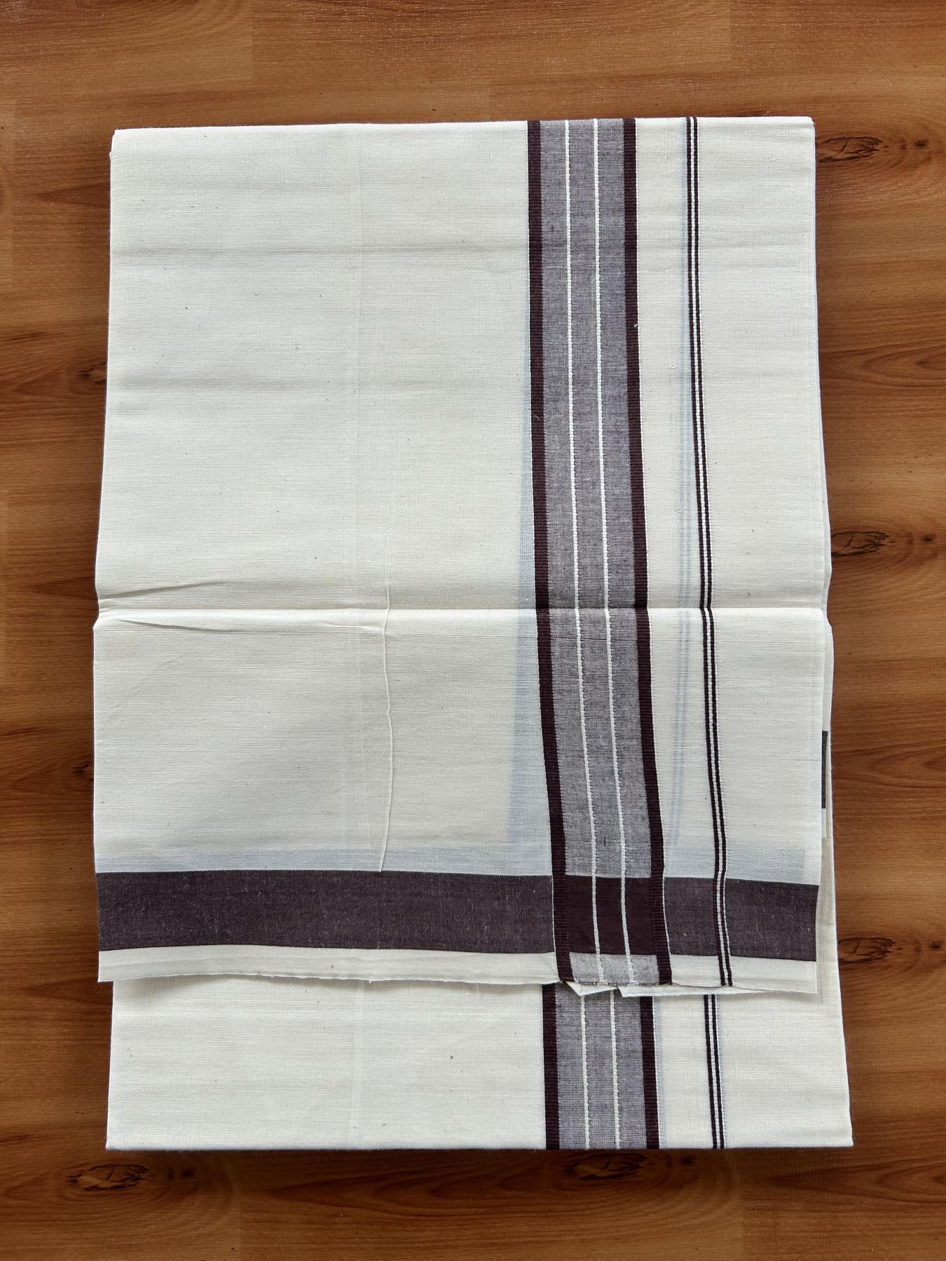 Single Off White - (Unbleached) Mundu/Dhoti - KaithariKada Balaramapuram Pure Cotton 70x30 - 1.25 inch Brown Striped Kara (2 meter /4 muzham) - 6 KK5409 PMC