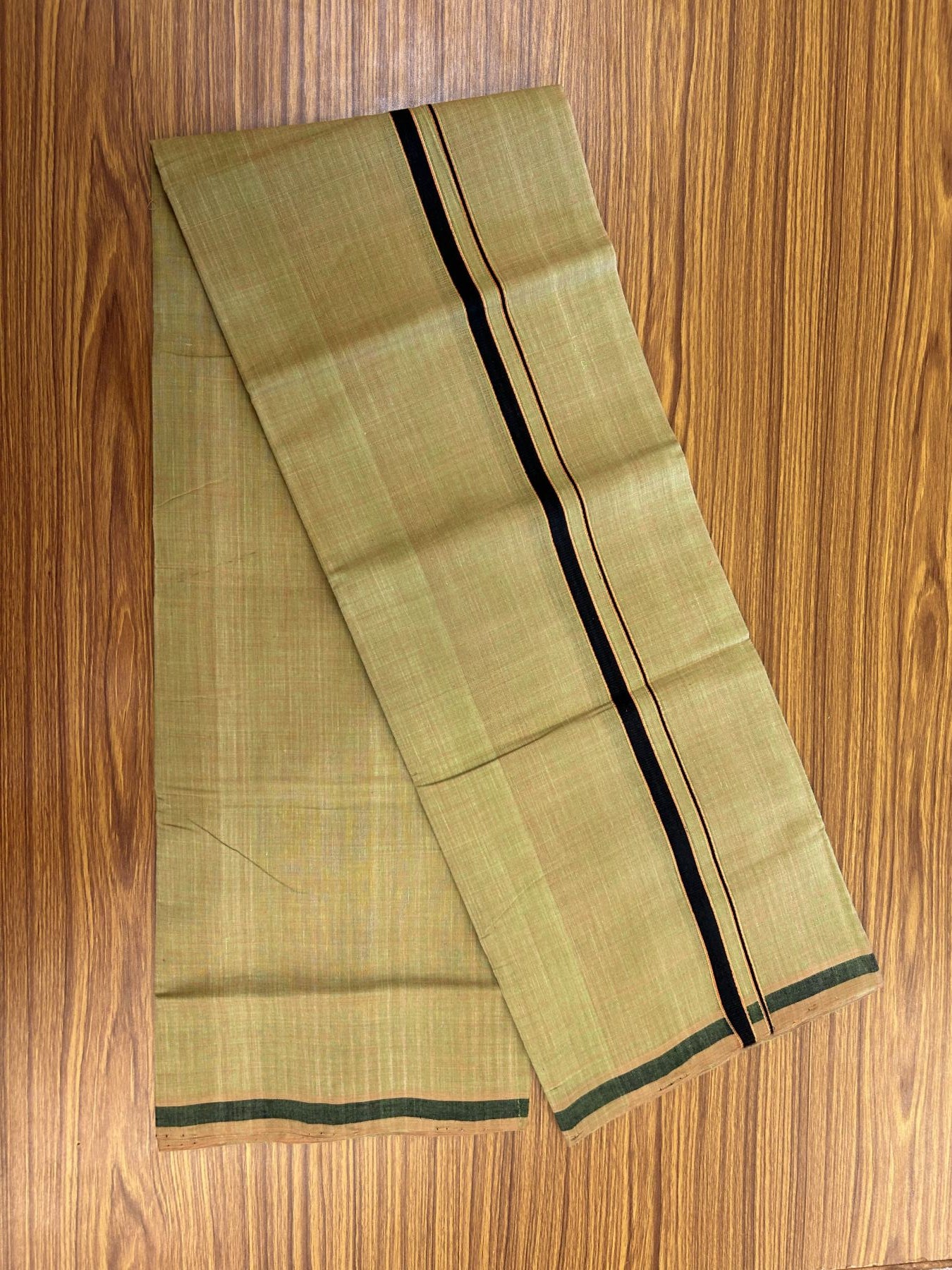 Handloom Single Hallmarked - 10% Discount !! KaithariKada 100% Pure Cotton - Mundu/Dhoti Greenish Brown Body & 1.5 cm Black & Orange Kara - (2 meter / 4 muzham) - 4 KK8044 ELA
