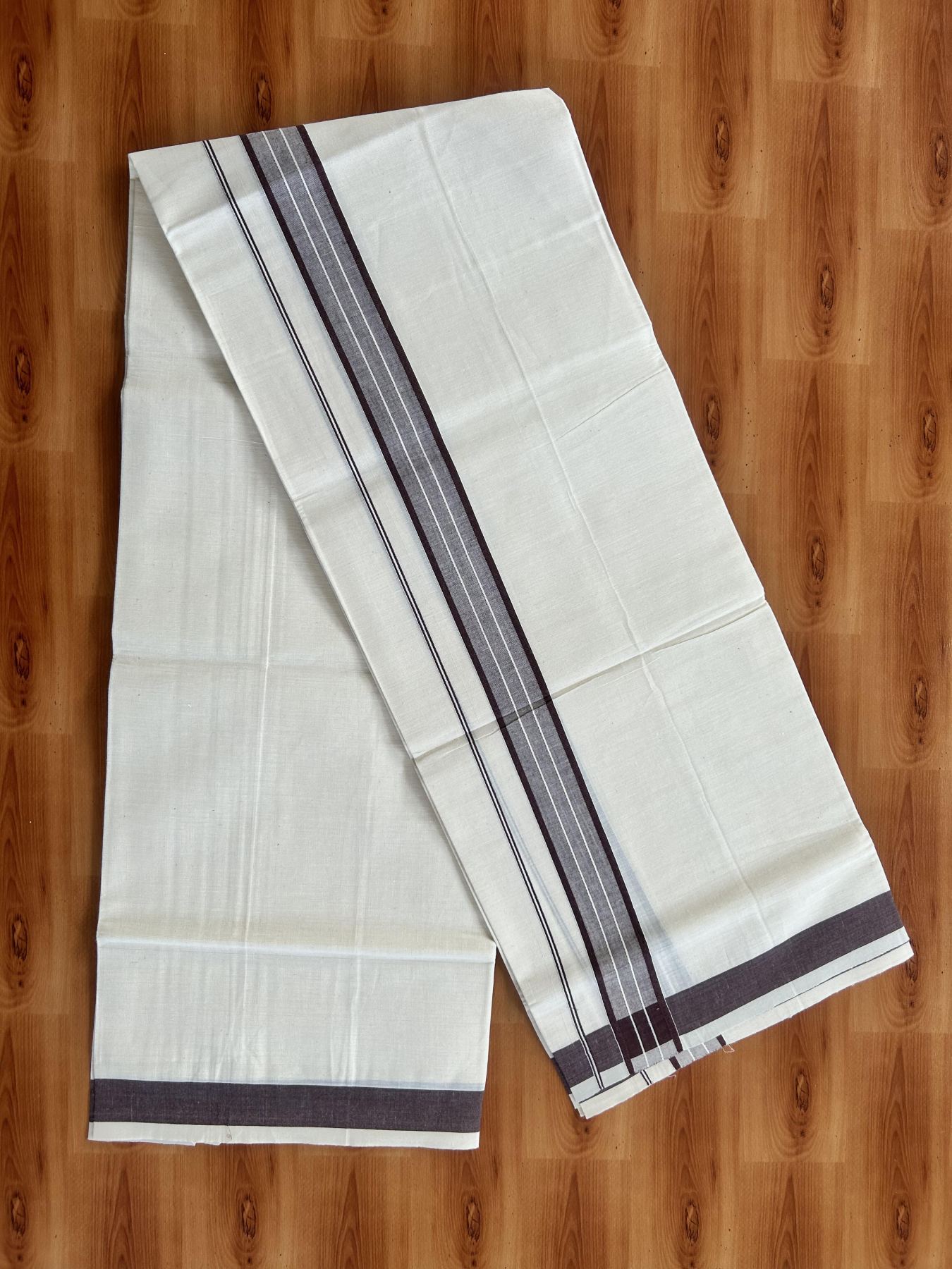 Single Off White - (Unbleached) Mundu/Dhoti - KaithariKada Balaramapuram Pure Cotton 70x30 - 1.25 inch Brown Striped Kara (2 meter /4 muzham) - 6 KK5409 PMC