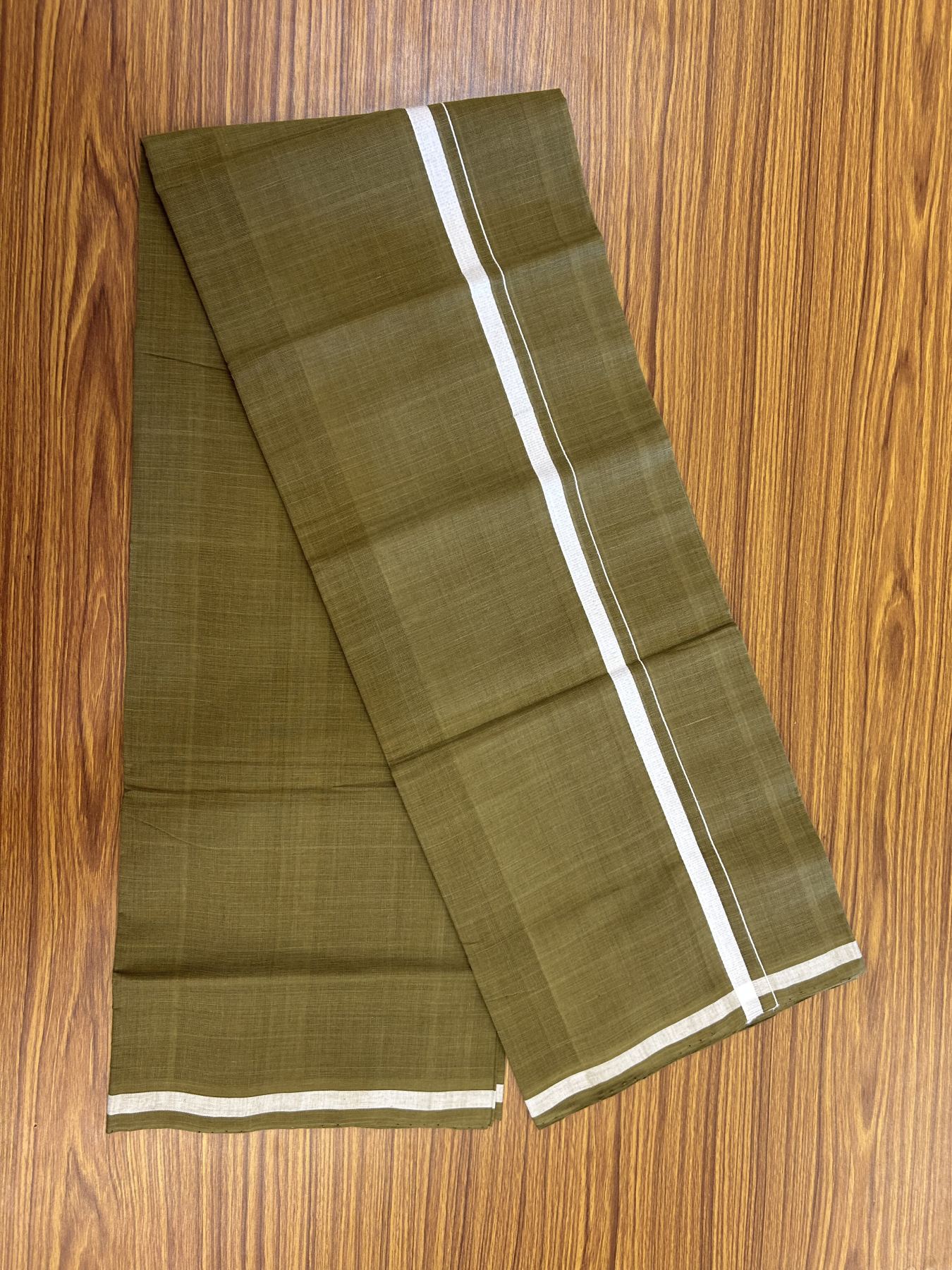 Handloom Single Hallmarked - 10% Discount !! KaithariKada 100% Pure Cotton - Mundu/Dhoti Olive Green Body & 1.5 cm Black & White Stripes Kara - (2 meter / 4 muzham) - 9 KK8044 ELA